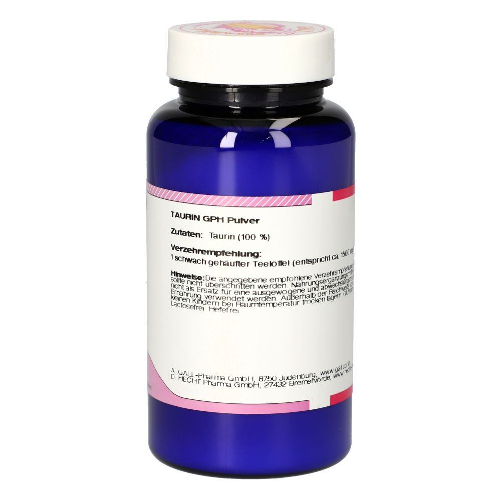 Blaue Flasche mit weißem Deckel. Rückseite mit Text. Zutaten: Taurin (100 %). Verzehrempfehlung.