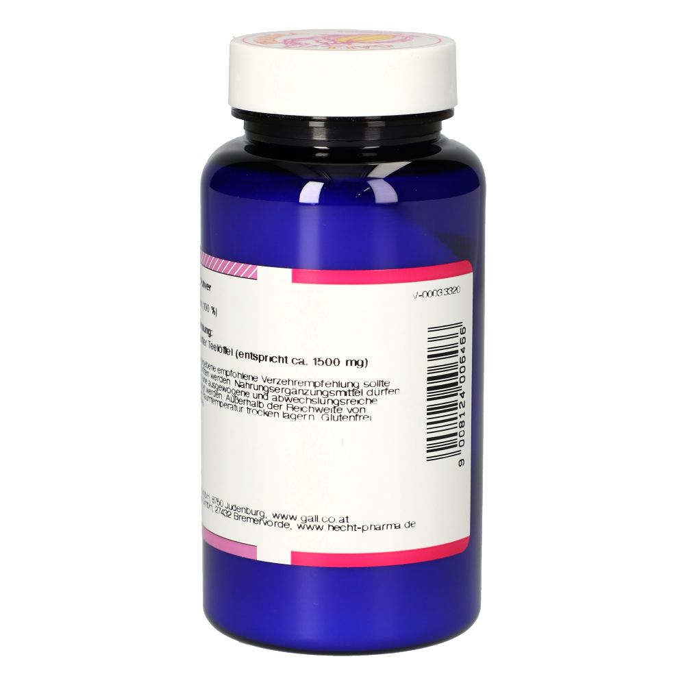 Blaue Flasche mit weißem Deckel. Rückseite mit Text und Barcode. Verzehrempfehlung: 3 Messlöffel (ca. 1500 mg).