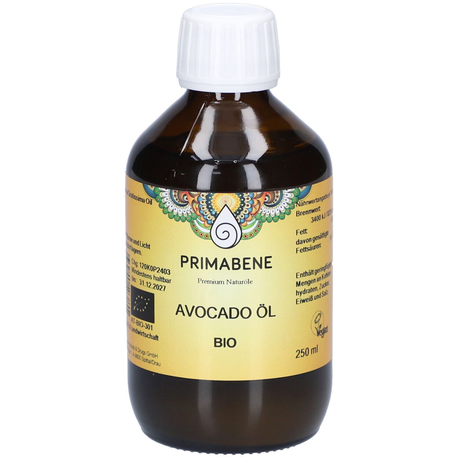 Braune Glasflasche mit weißem Deckel. Etikett mit Produktnamen, Avocado Öl BIO. Vegan-Siegel. 250 ml.