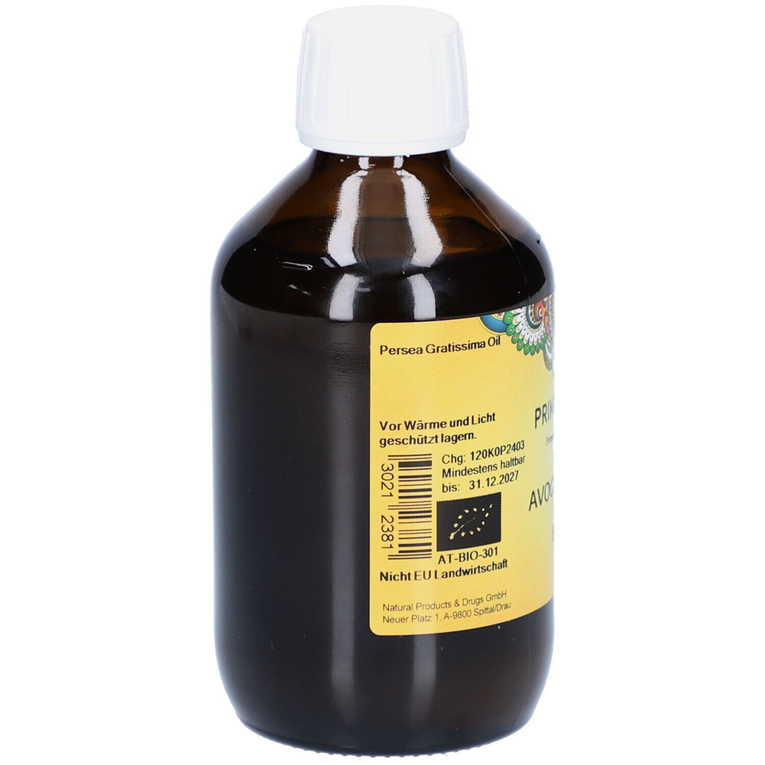 Braune Glasflasche mit weißem Deckel. Etikett mit Produktinformationen. Bio-Siegel. Mindesthaltbarkeit bis 31.12.2022.