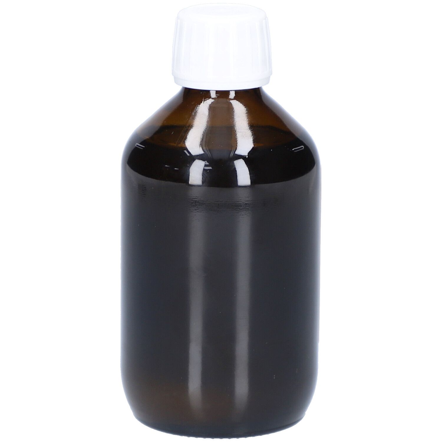 Braune Glasflasche mit weißem Deckel. Keine Etiketten sichtbar.