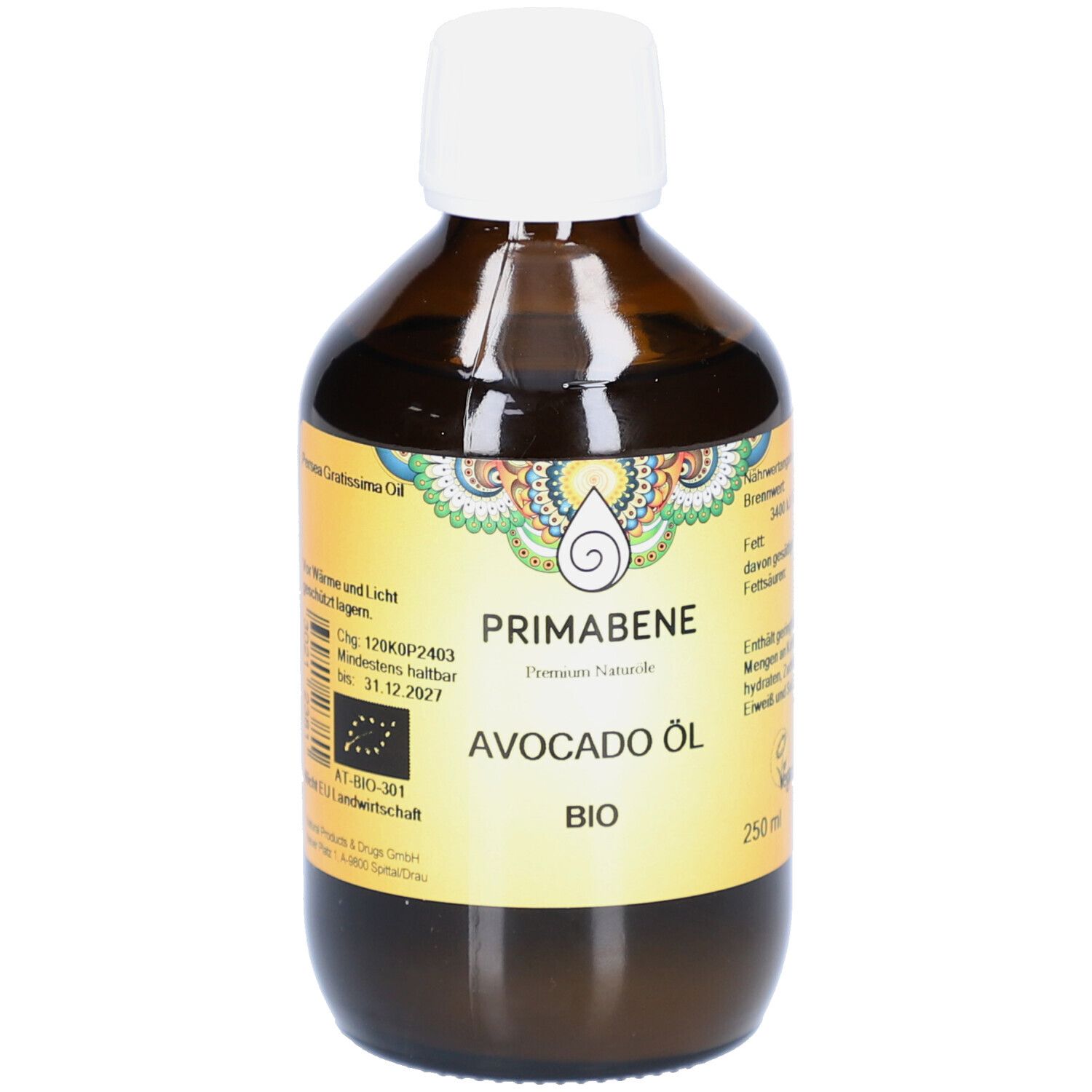 Braune Glasflasche mit weißem Deckel. Etikett mit Produktnamen, Avocado Öl BIO. Bio-Siegel. 250 ml.