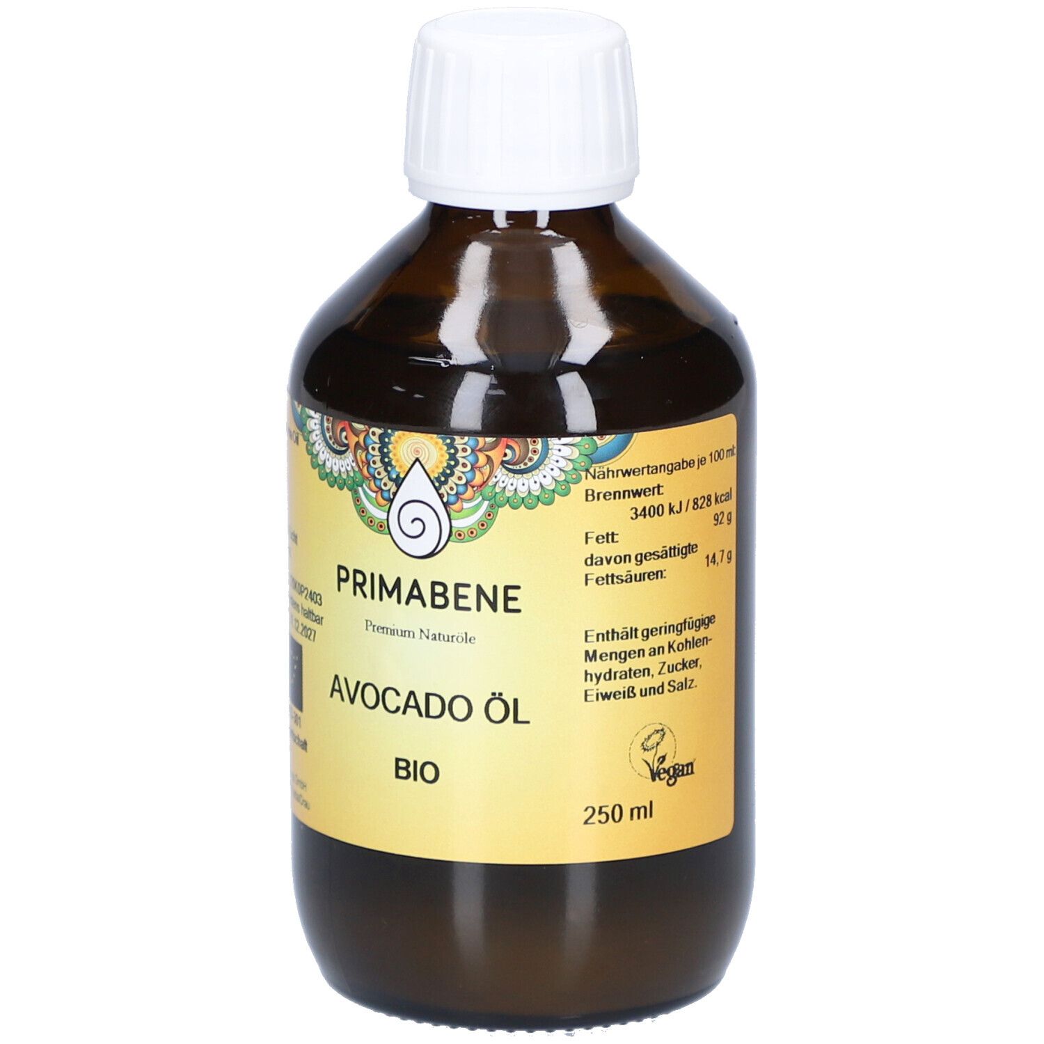 Braune Glasflasche mit weißem Deckel. Etikett mit Produktnamen, Avocado Öl BIO. Vegan-Siegel. 250 ml. Nährwertangaben.