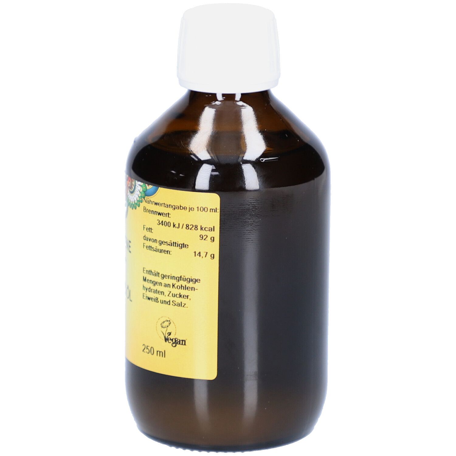 Braune Glasflasche mit weißem Deckel. Etikett mit Produktnamen, Avocado Öl BIO. Vegan-Siegel. 250 ml. Nährwertangaben.