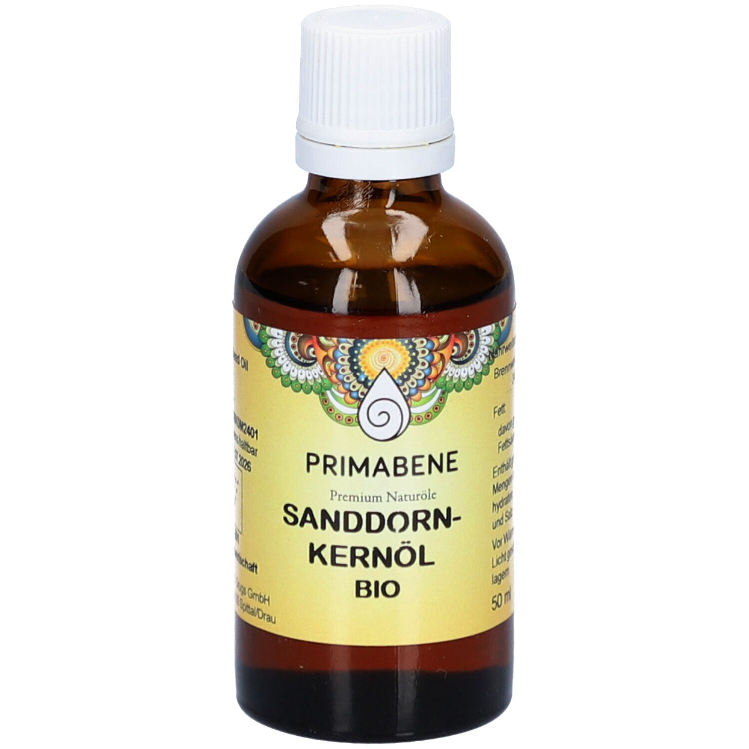 Braune Glasflasche mit weißem Verschluss. Etikett mit Produktnamen und Logo. Sanddorn-Kernöl BIO.