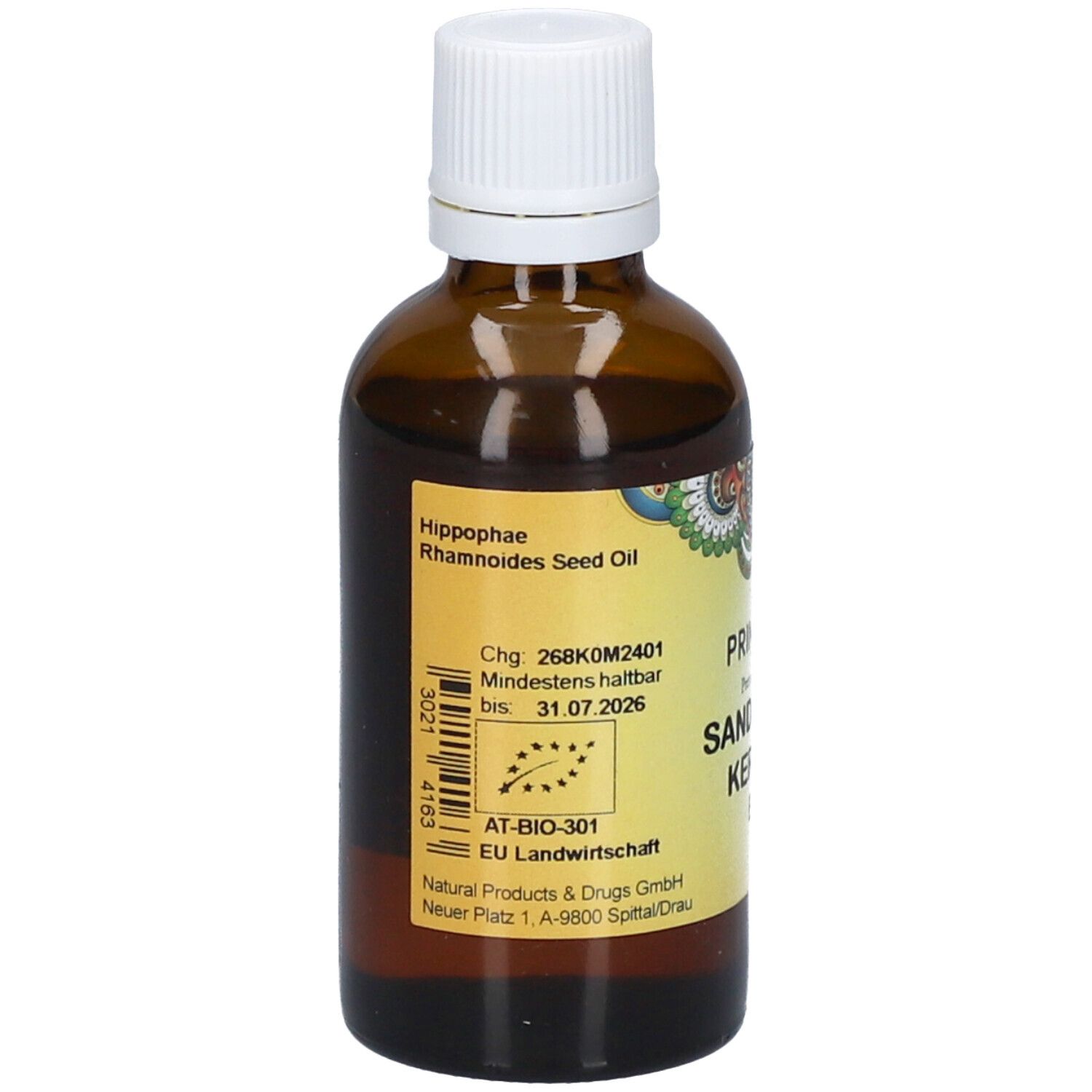 Rückseite der braunen Glasflasche. Etikett mit Informationen: Hippophae Rhamnoides Seed Oil, Bio-Zertifizierung.