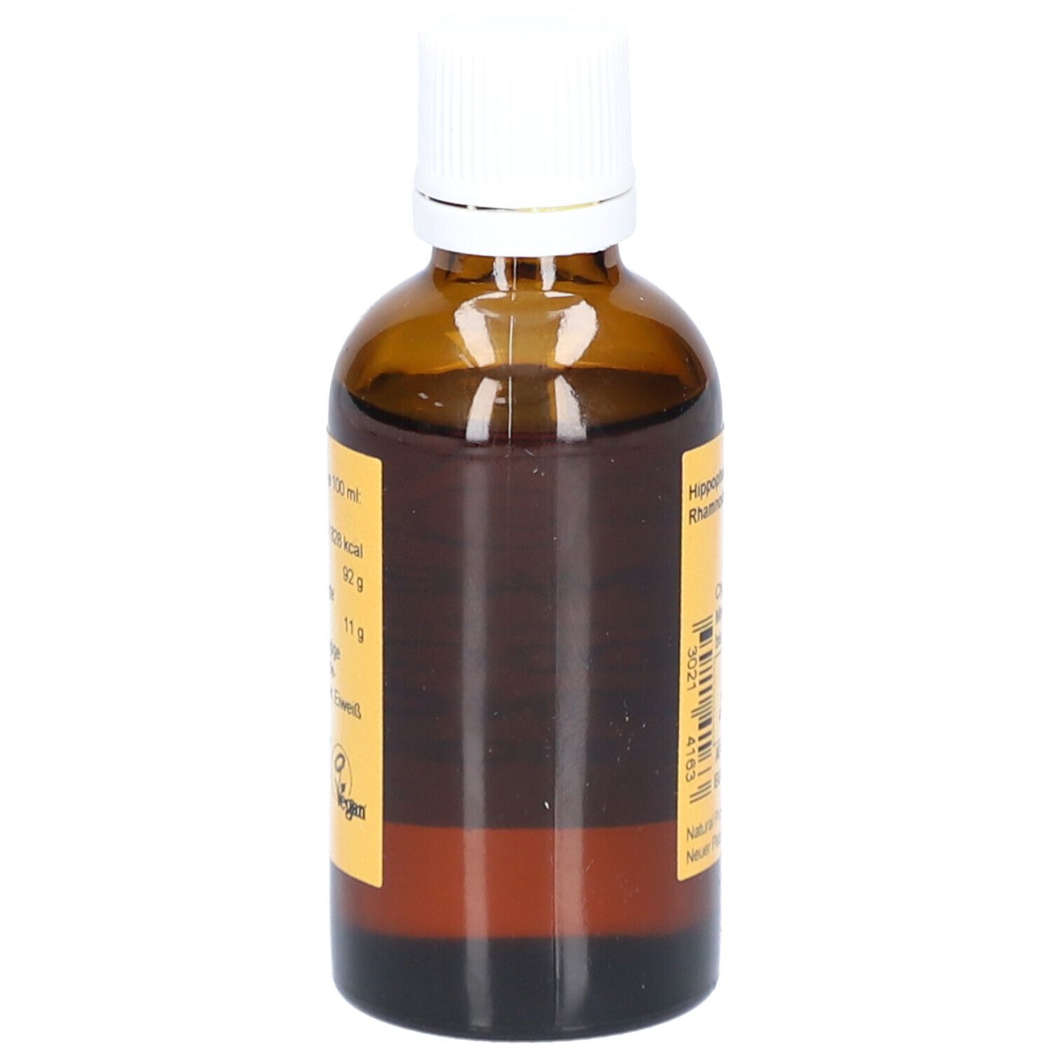 Braune Glasflasche, Seitenansicht. Etikett mit Nährwertangaben. Weißer Verschluss.