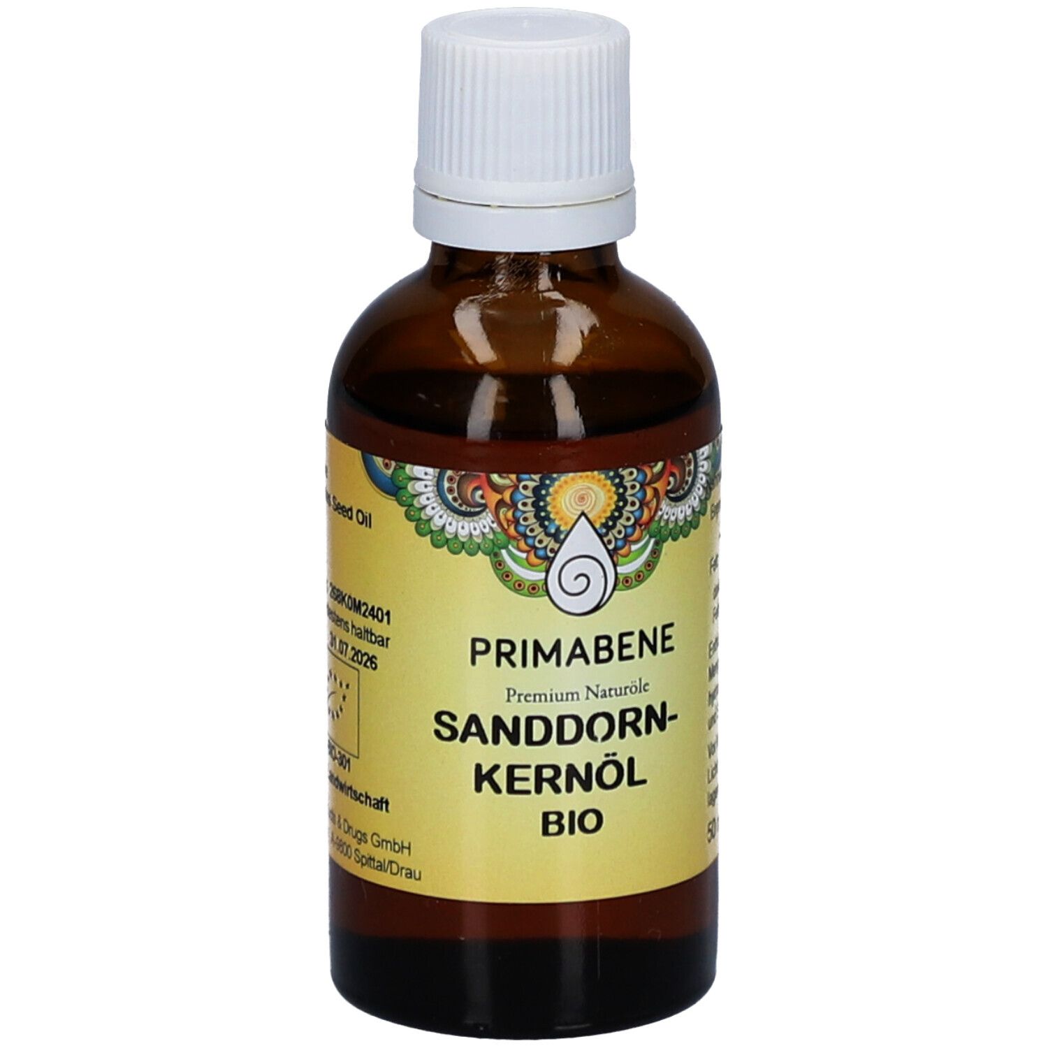 Braune Glasflasche mit weißem Verschluss. Etikett mit Produktnamen und Logo. Sanddorn-Kernöl BIO.