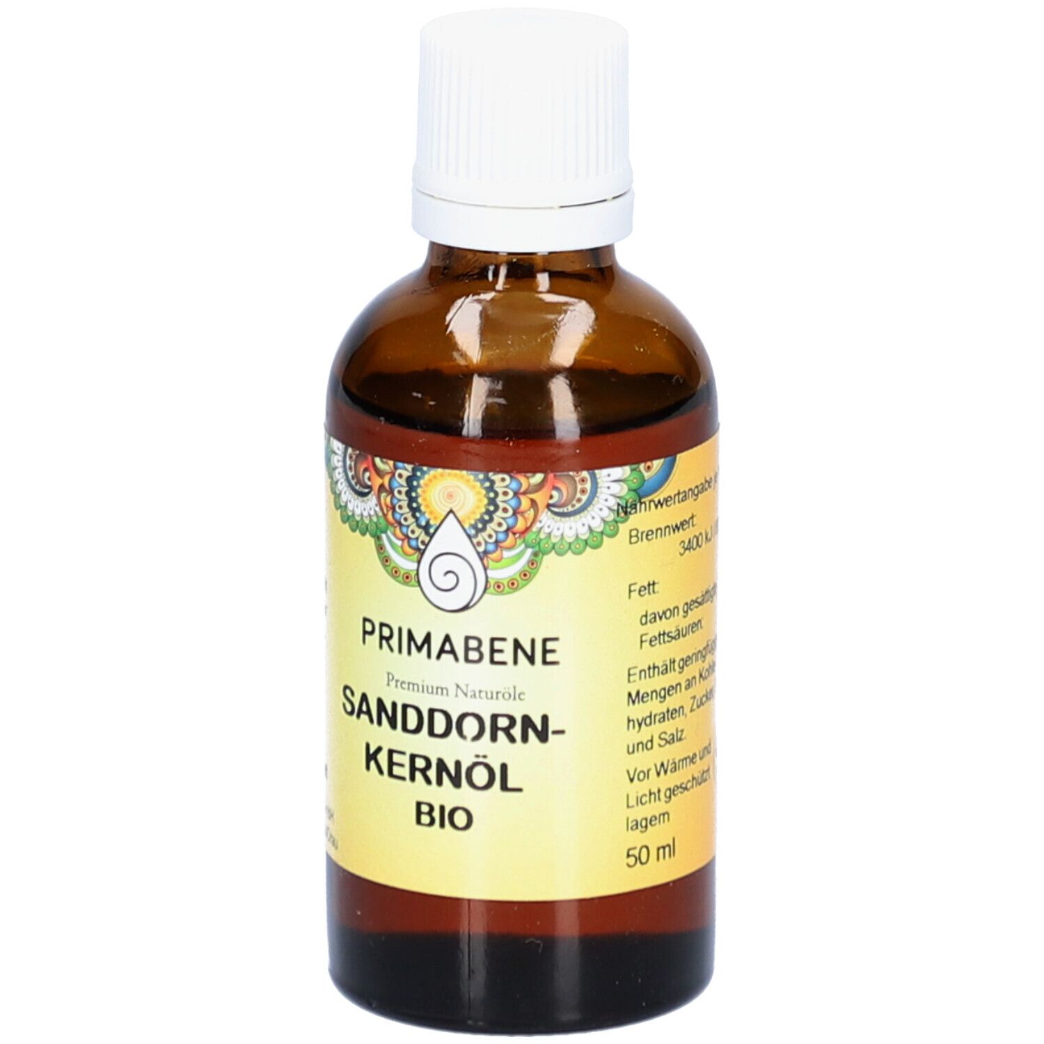 Braune Glasflasche mit weißem Verschluss. Etikett mit Produktnamen und Logo. Sanddorn-Kernöl BIO.