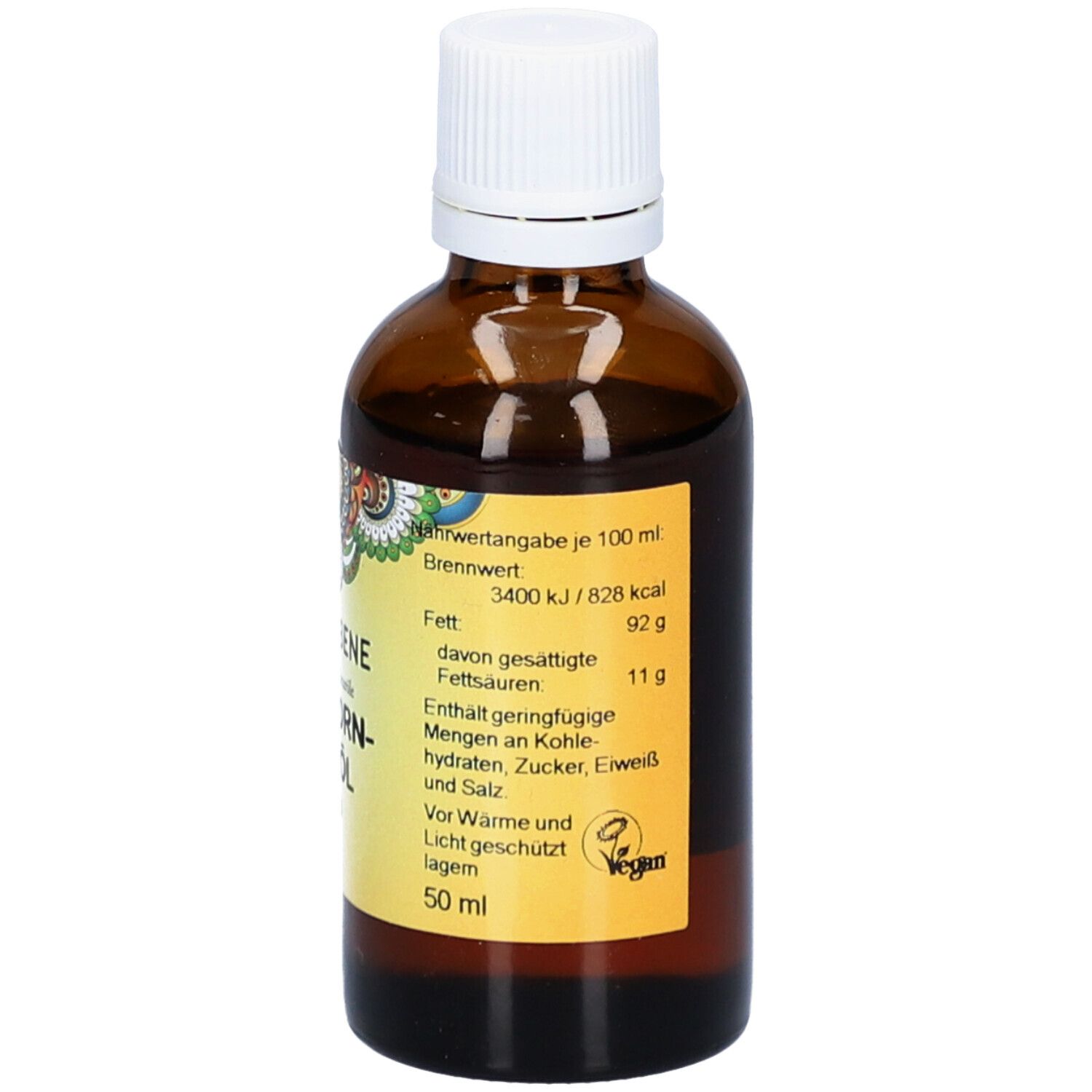 Braune Glasflasche mit weißem Verschluss. Etikett mit Nährwertangaben und Vegan-Logo. 50 ml.