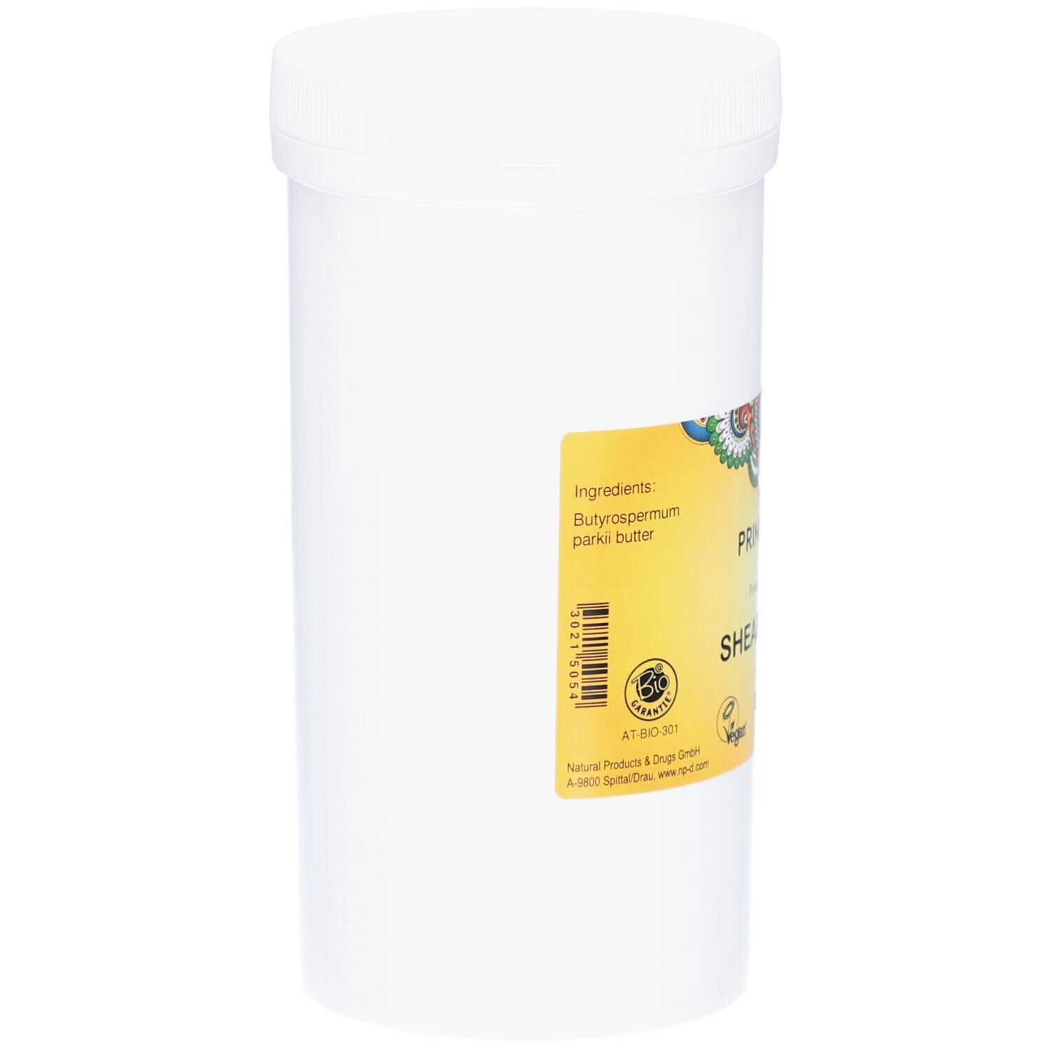 Weißer Behälter mit Deckel. Aufkleber mit Produktinformationen: PRIMABENE Sheabutter BIO, vegan. Zutatenliste.