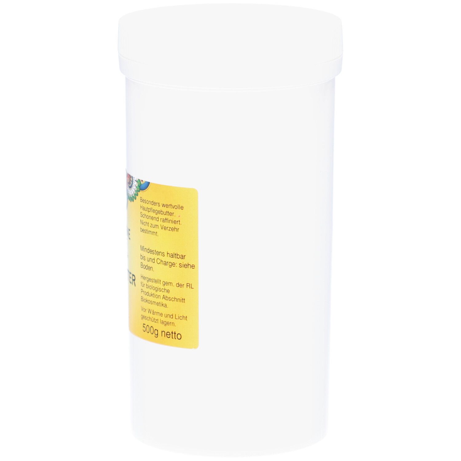 Weißer Behälter mit Deckel. Aufkleber mit Produktinformationen: PRIMABENE Sheabutter BIO, vegan. 500g netto.