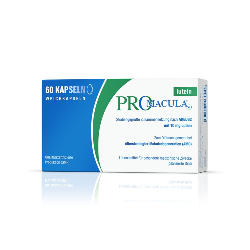 PROmacula® Lutein-Verpackung. Blaue und weiße Schachtel mit grünen Akzenten. Enthält 60 Kapseln. Text: Lutein, AREDS2, AMD.