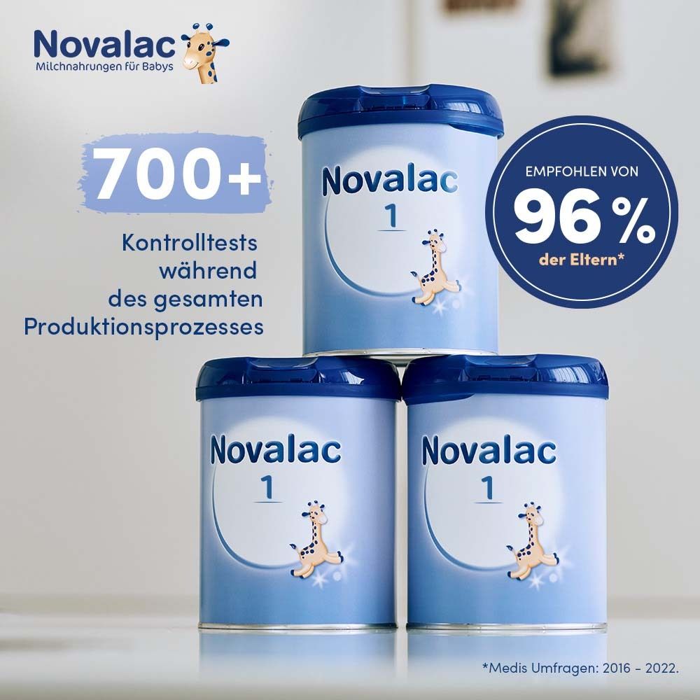 Drei Dosen Novalac 1. Text: 700+ Kontrolltests. Empfohlen von 96% der Eltern.