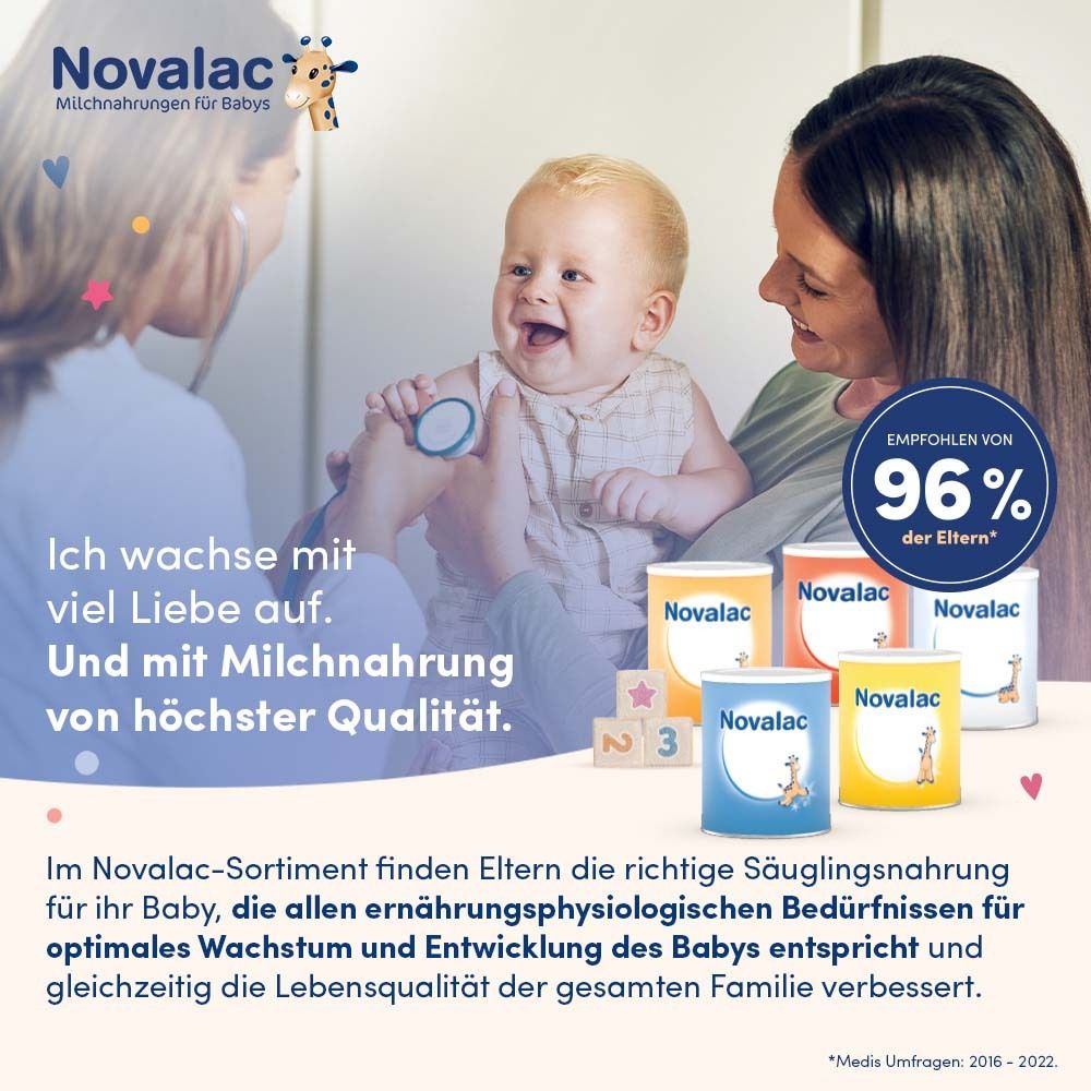 Baby beim Arzt. Text: Empfohlen von 96% der Eltern. Im Novalac-Sortiment finden Eltern die richtige Säuglingsnahrung.