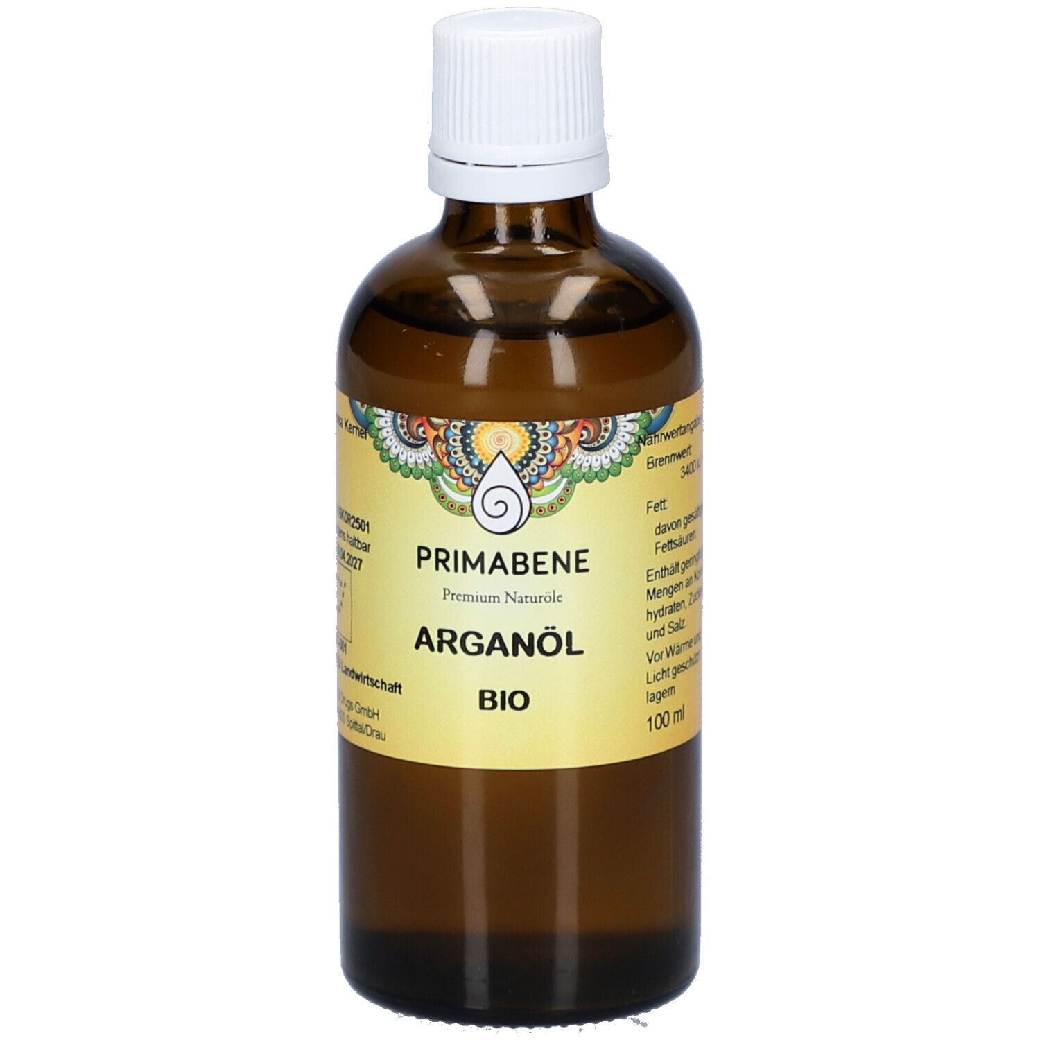 Braune Glasflasche mit weißem Deckel. Etikett mit PRIMABENE, Arganöl BIO-Aufdruck. 100 ml.
