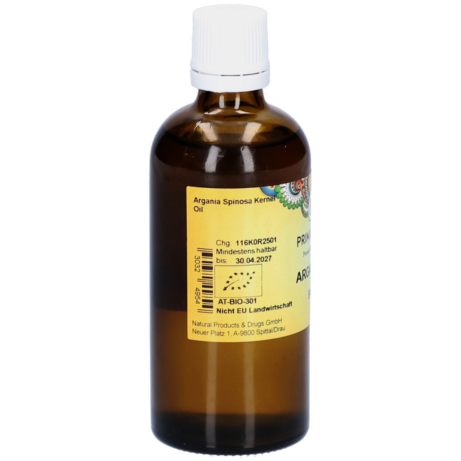 Braune Glasflasche mit weißem Deckel. Rückseite mit Etikett, Text: Argania Spinosa Kernel Oil, Mindestens haltbar bis 30.04.2027.