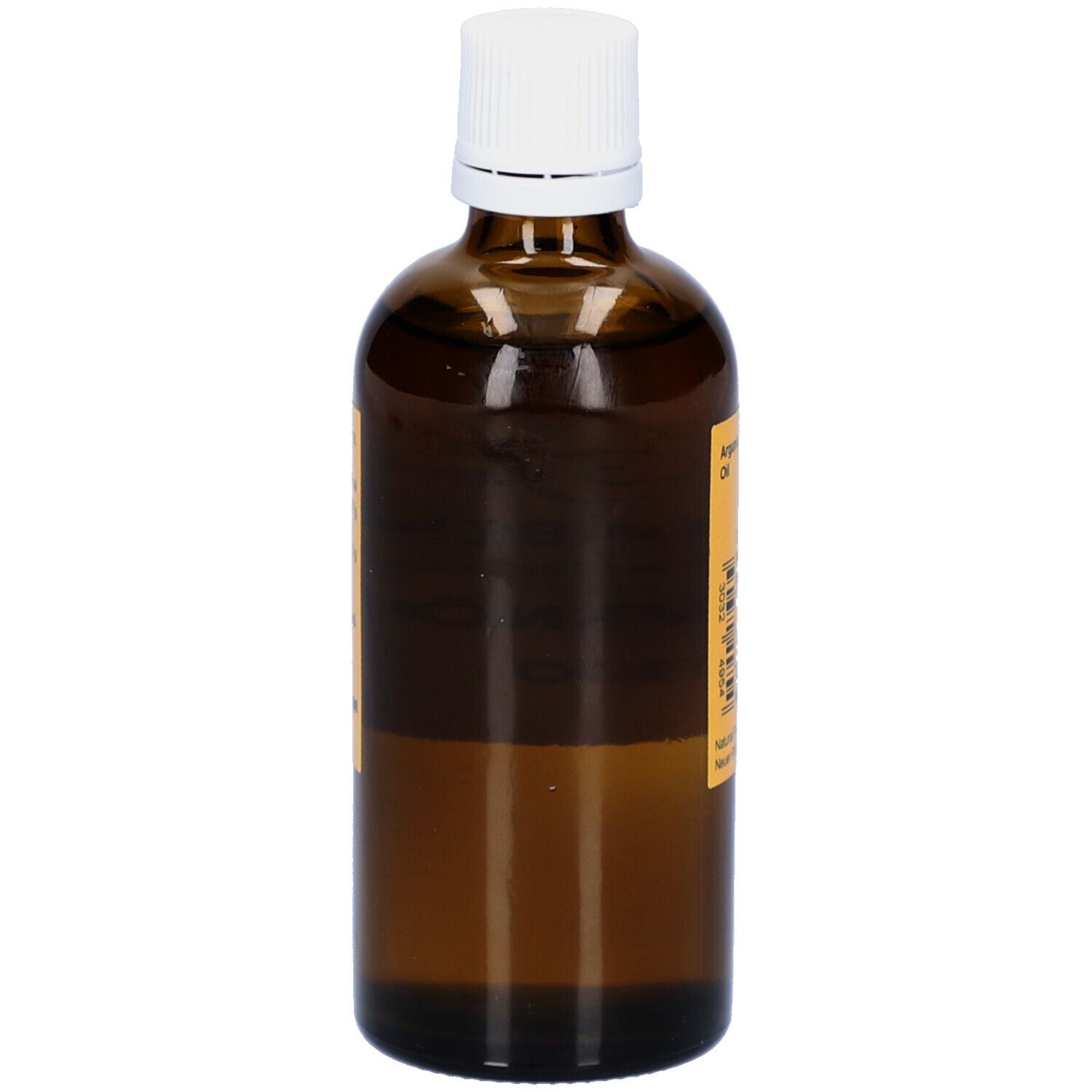 Braune Glasflasche mit weißem Deckel. Etikett mit Text.