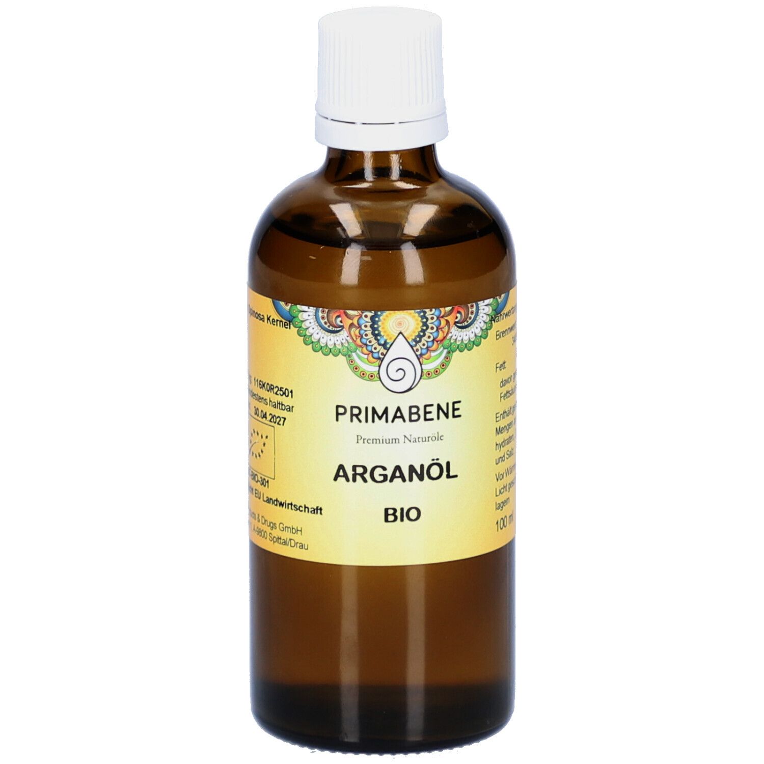 Braune Glasflasche mit weißem Deckel. Etikett mit PRIMABENE, Arganöl BIO-Aufdruck.