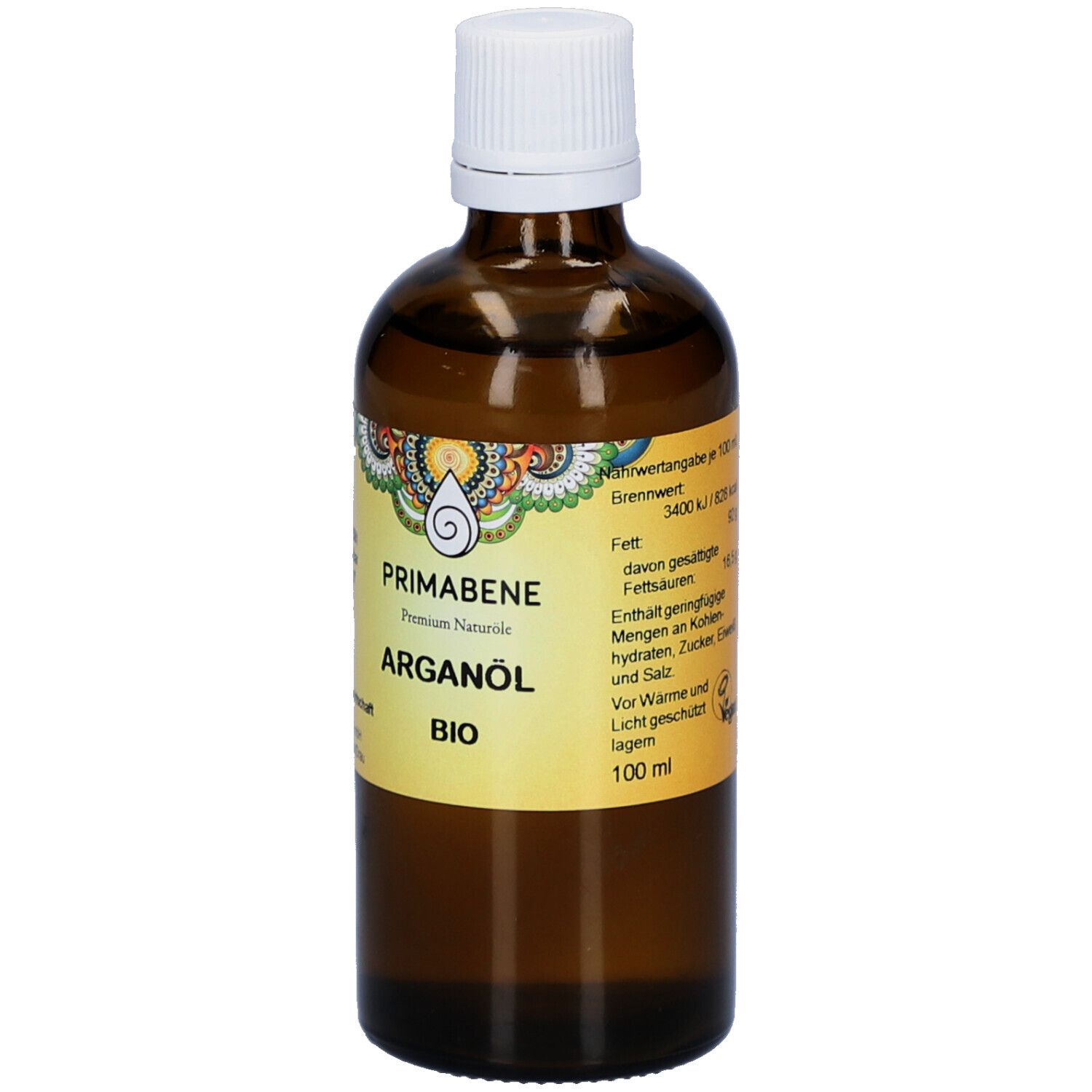 Braune Glasflasche mit weißem Deckel. Etikett mit PRIMABENE, Arganöl BIO-Aufdruck. 100 ml. Nährwertangaben.