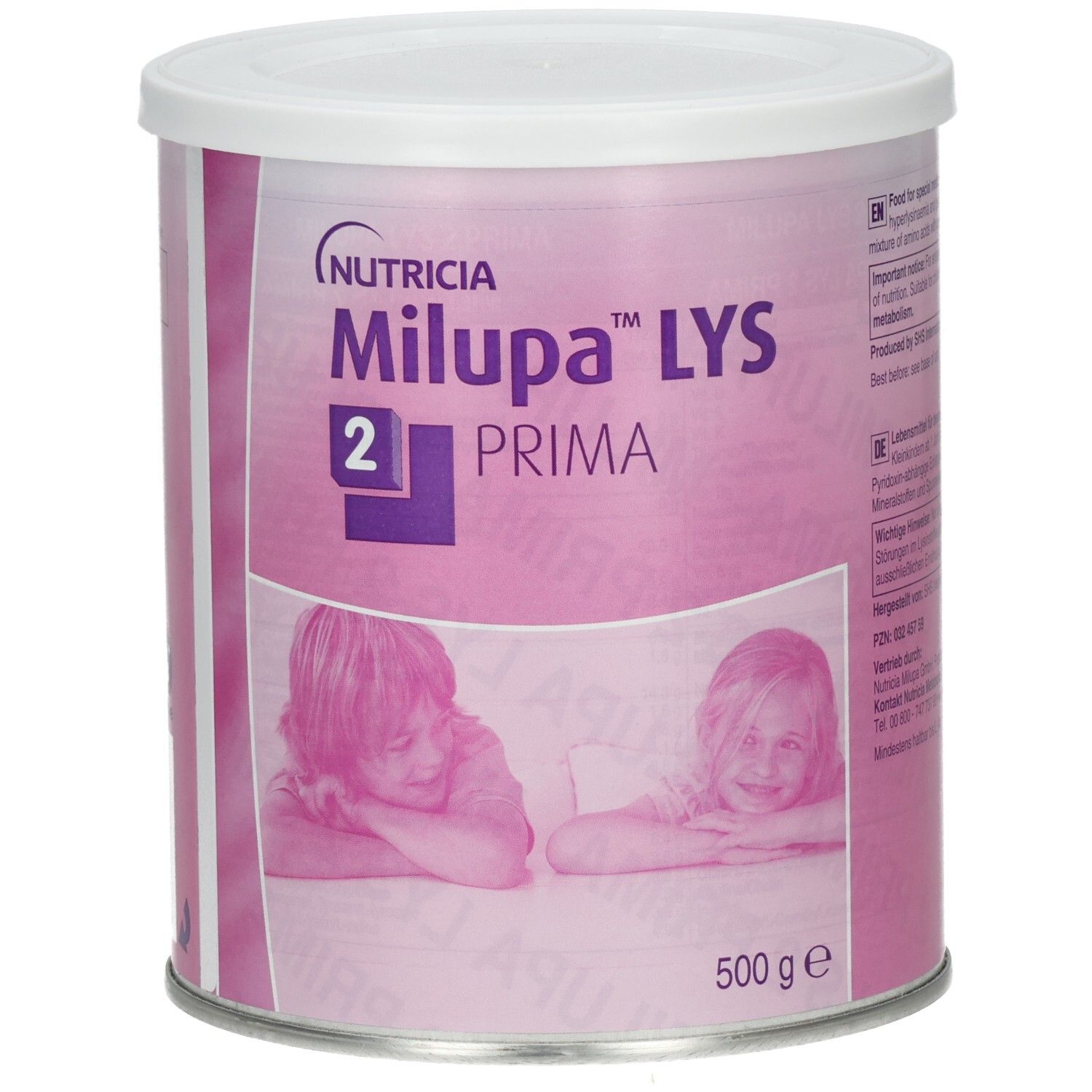 Dose Milupa LYS 2 Prima. Rosa Dose mit weißem Deckel. Aufschrift: Nutricia, Milupa LYS 2 Prima. Zwei Kinder abgebildet. 500 g.