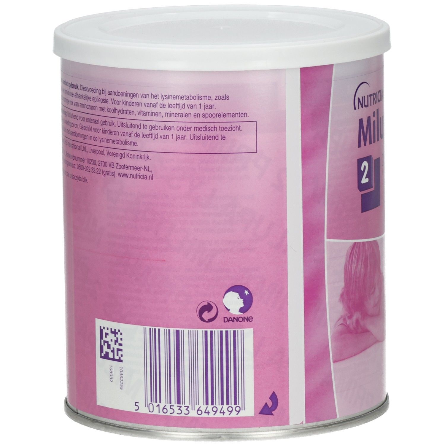 Rückseite der Dose Milupa LYS 2 Prima. Rosa Dose mit weißem Deckel. Text in mehreren Sprachen. Barcode und andere Kennzeichnungen.