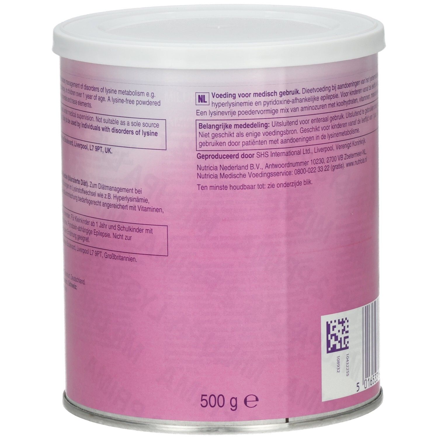 Rückseite der Dose Milupa LYS 2 Prima. Rosa Dose mit weißem Deckel. Text in mehreren Sprachen. 500 g.  Herstellerinformationen.