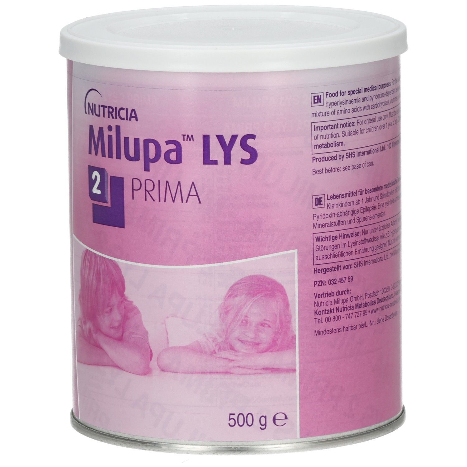 Dose Milupa LYS 2 Prima. Rosa Dose mit weißem Deckel. Aufschrift: Nutricia, Milupa LYS 2 Prima. Zwei Kinder abgebildet. 500 g. Text.