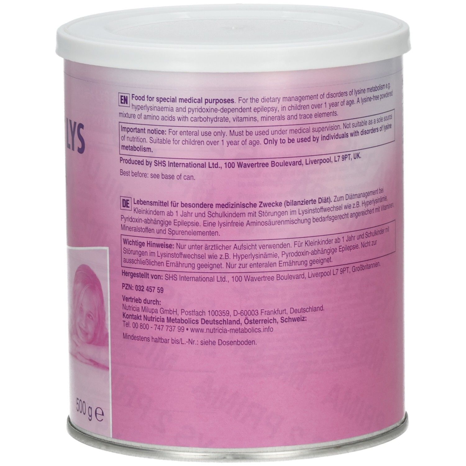 Rückseite der Dose Milupa LYS 2 Prima. Rosa Dose mit weißem Deckel. Text in mehreren Sprachen. 500 g. Herstellerinformationen.