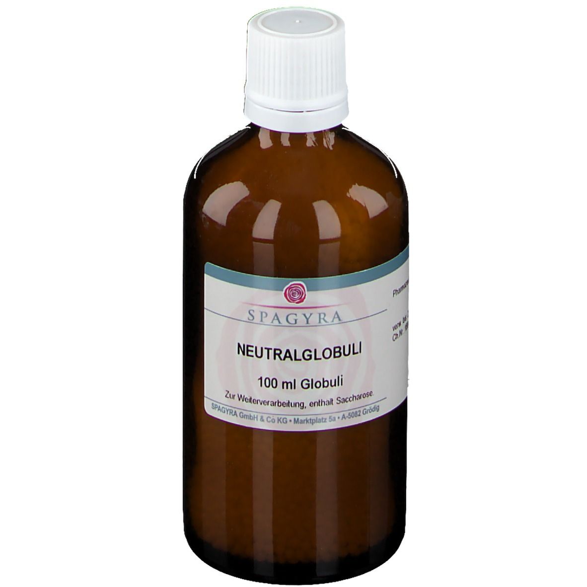 Braune Glasflasche mit weißem Deckel. Etikett mit SPAGYRA, Neutralglobuli, 100 ml Globuli. Enthält Saccharose.