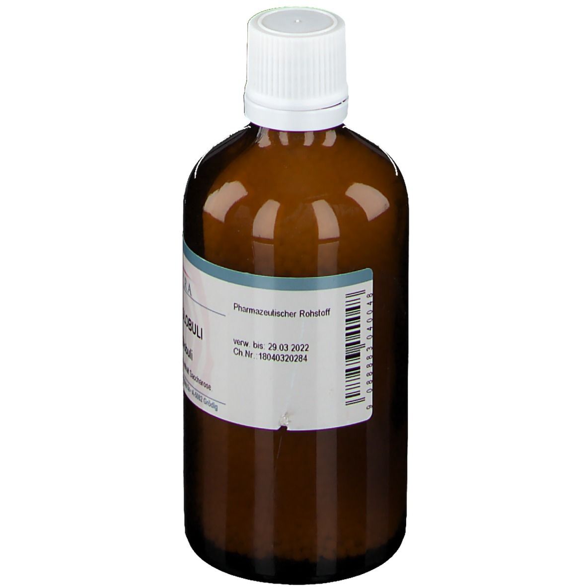 Braune Glasflasche mit weißem Deckel. Etikett mit Informationen. Barcode und Verfallsdatum 29.03.2022.