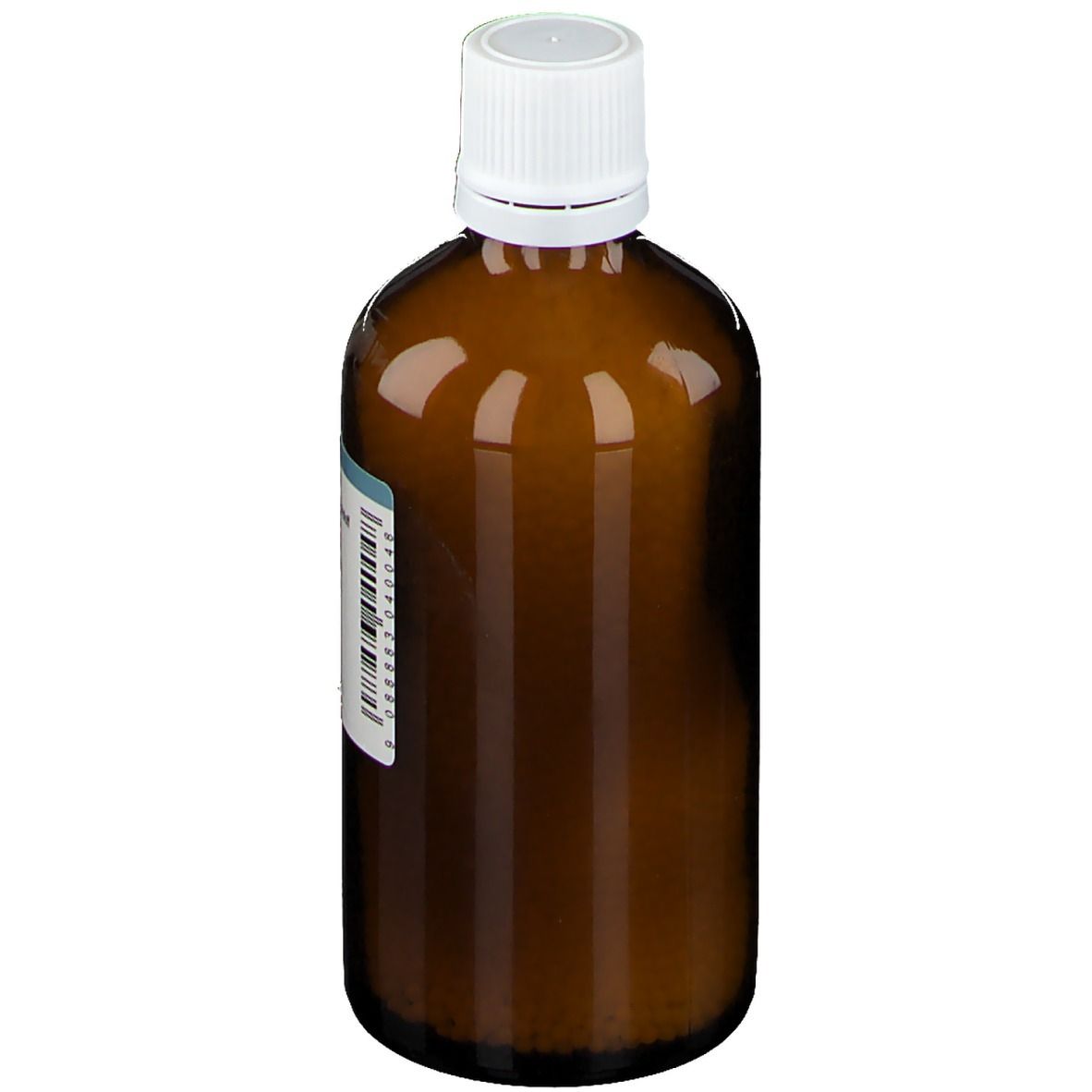 Braune Glasflasche mit weißem Deckel. Etikett mit Barcode und Informationen. Pharmazeutischer Rohstoff.