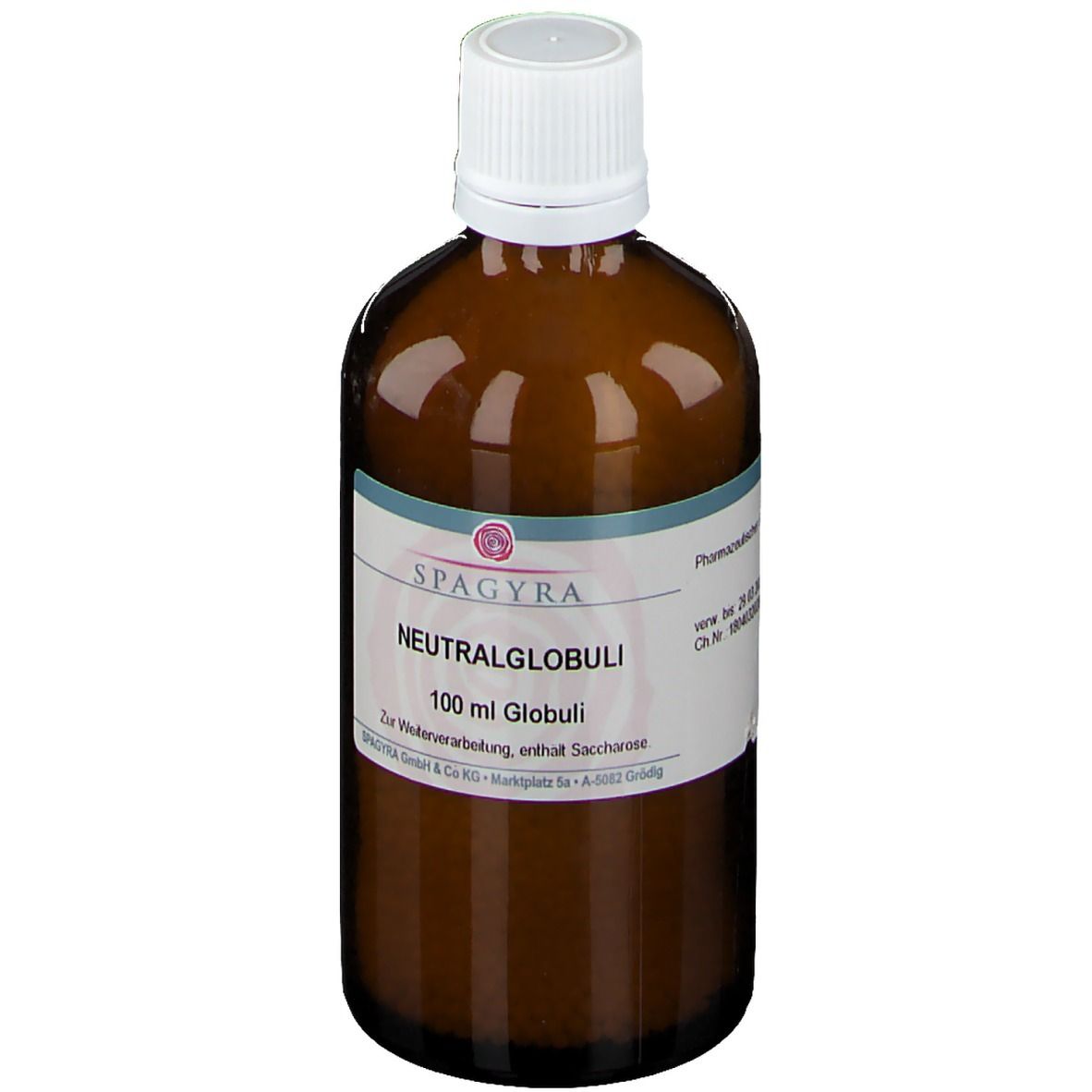 Braune Glasflasche mit weißem Deckel. Etikett mit SPAGYRA, Neutralglobuli, 100 ml Globuli. Enthält Saccharose.