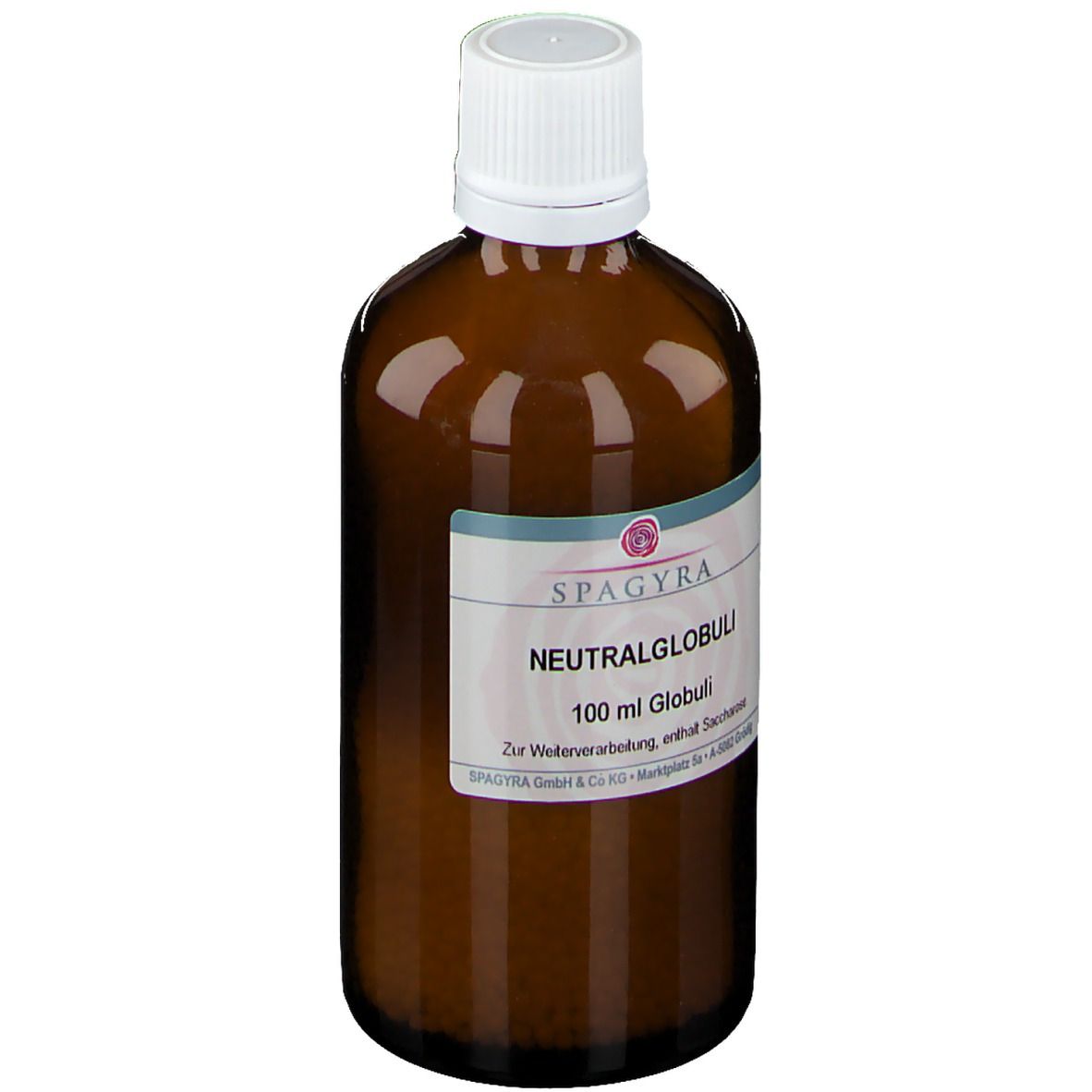 Braune Glasflasche mit weißem Deckel. Etikett mit SPAGYRA, Neutralglobuli, 100 ml Globuli. Enthält Saccharose.