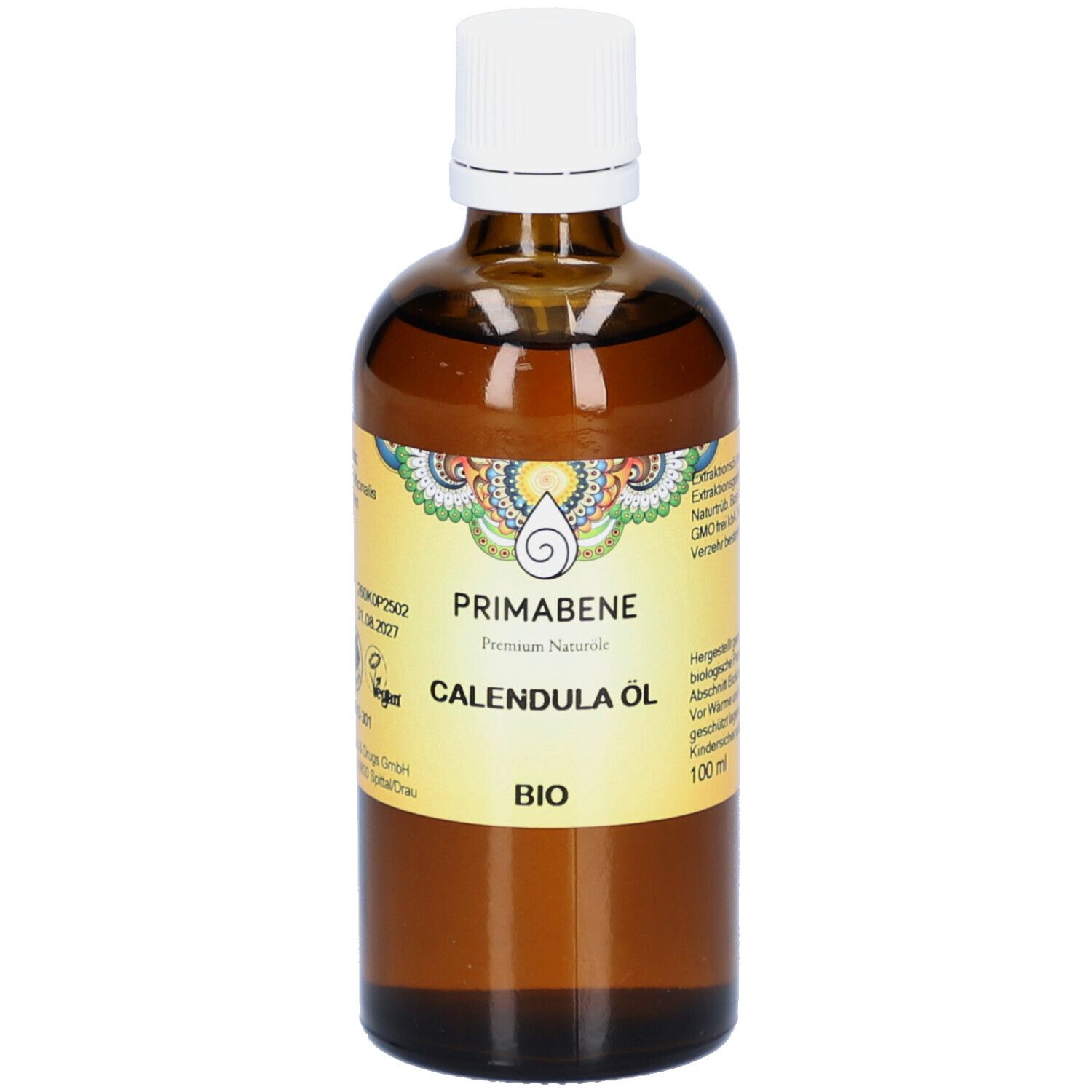 Braune Glasflasche mit weißem Deckel. Etikett mit Produktnamen und Logo. BIO-Zertifizierung.