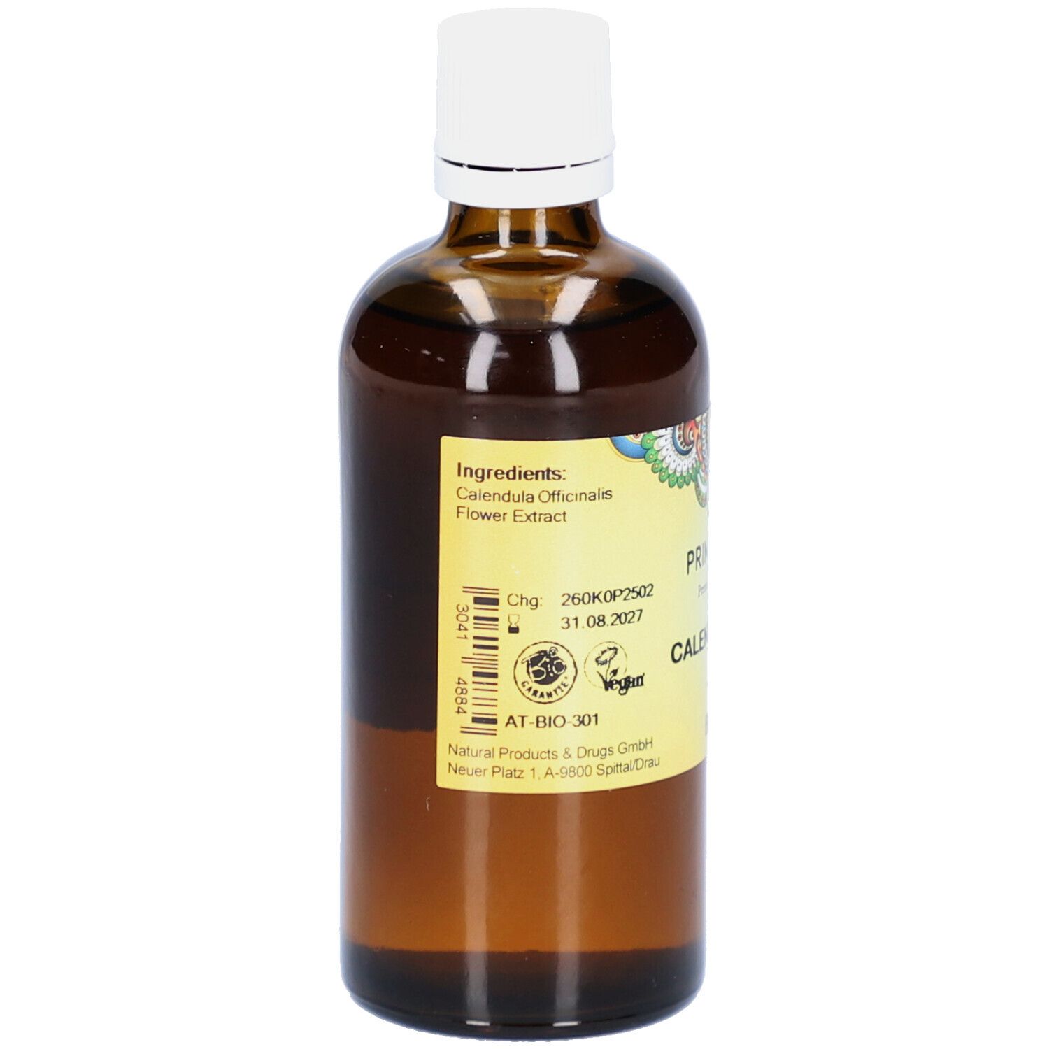 Rückansicht der braunen Glasflasche. Etikett mit Inhaltsstoffen, Chargennummer und Vegan-Siegel.