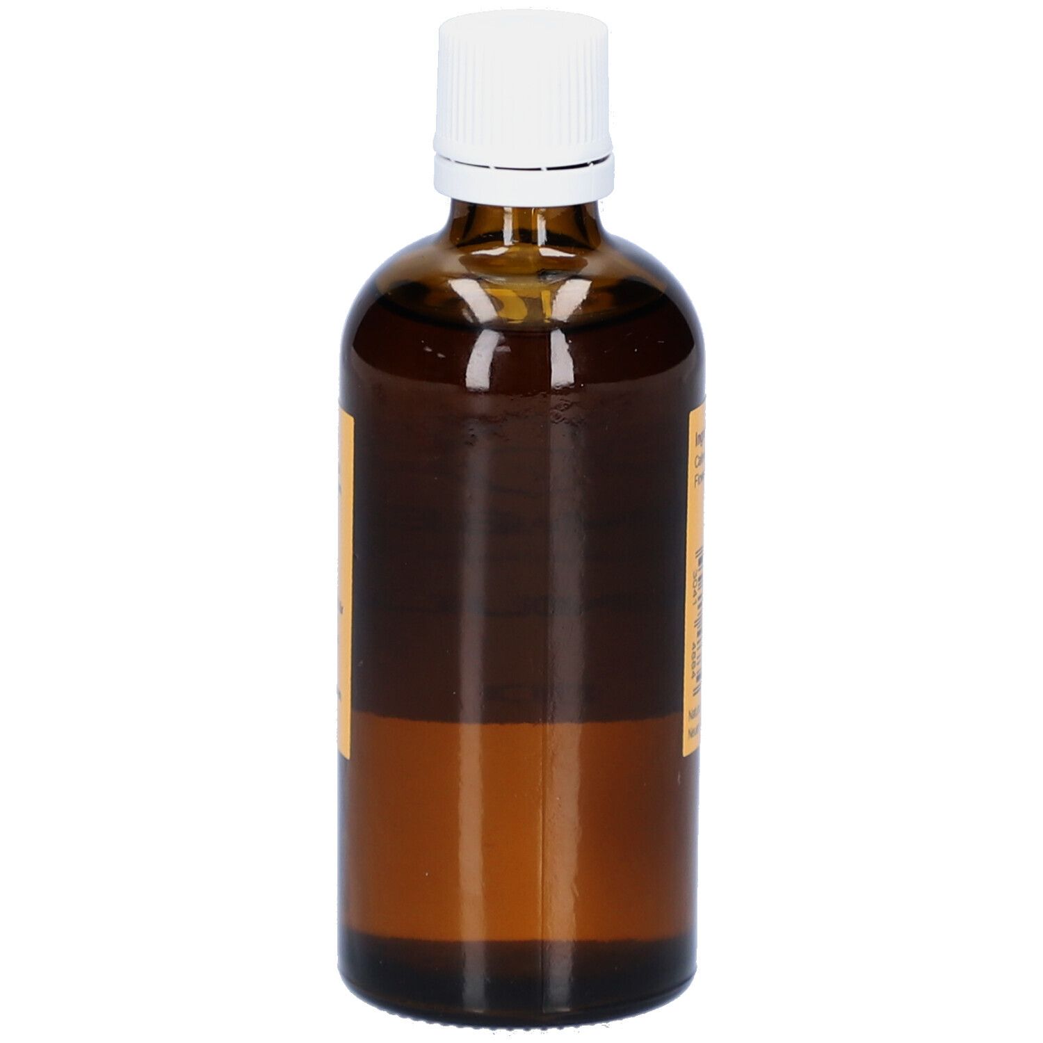 Braune Glasflasche mit weißem Deckel. Seitenansicht. Keine weiteren Details sichtbar.