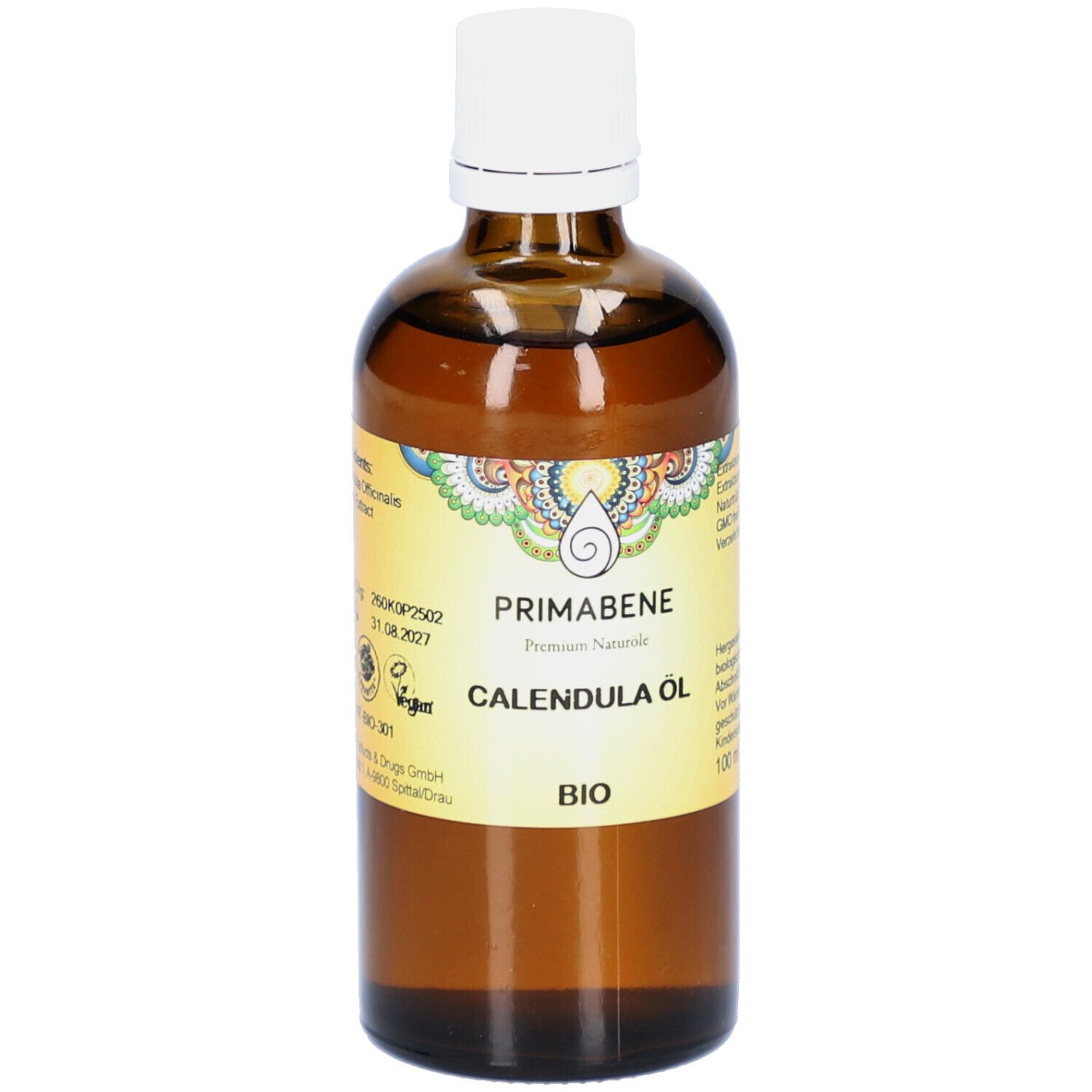 Braune Glasflasche mit weißem Deckel. Etikett mit Produktnamen und Logo. BIO-Zertifizierung.