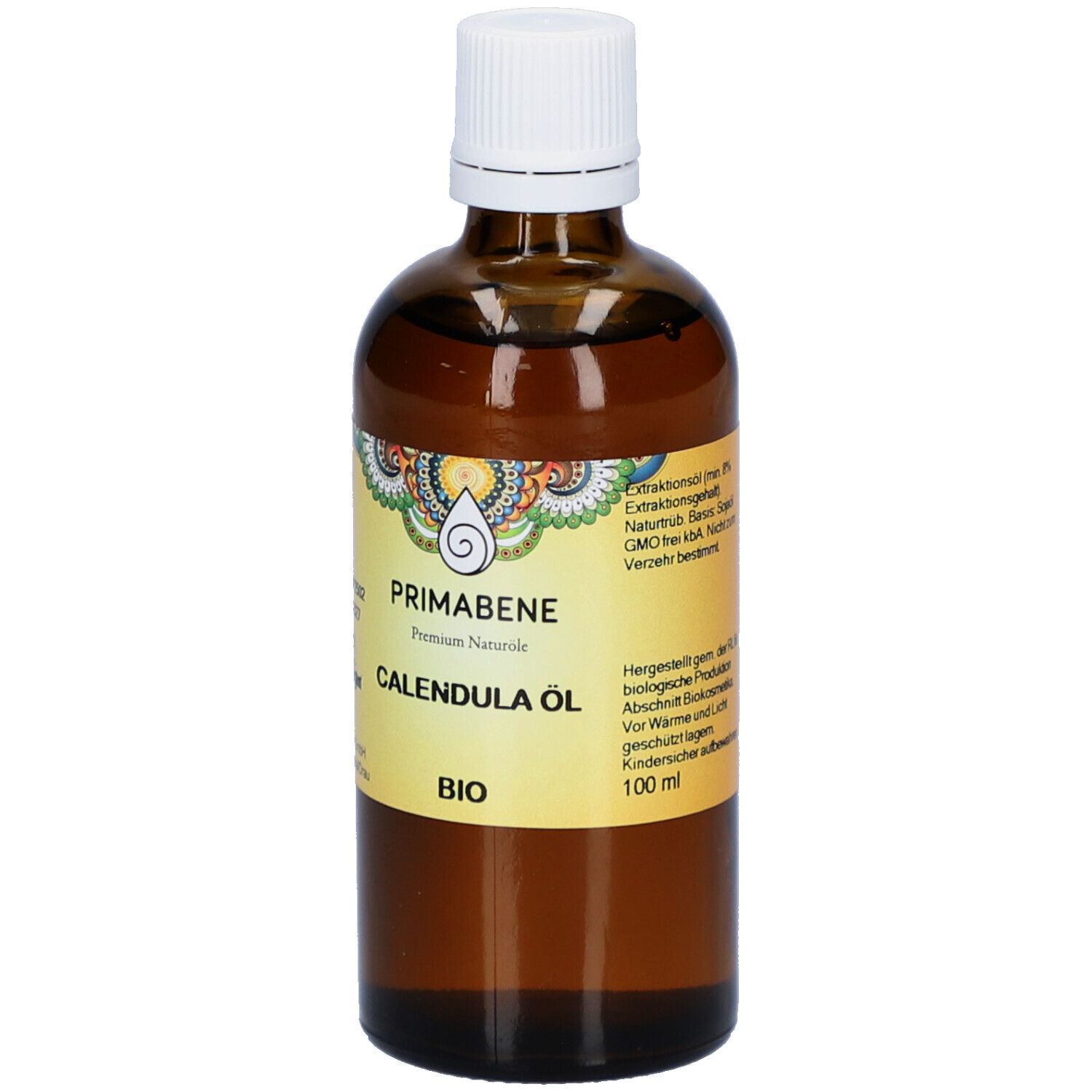 Braune Glasflasche mit weißem Deckel. Etikett mit Produktnamen, Logo und 100 ml Angabe.