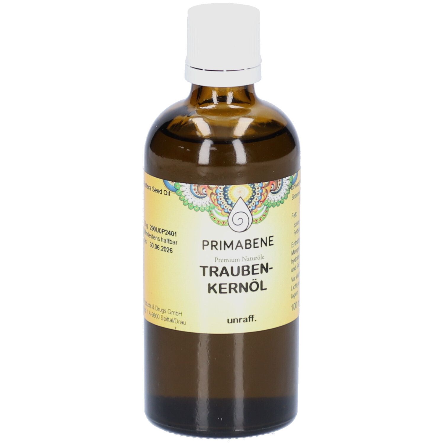 Braune Glasflasche mit weißem Deckel. Auf dem Etikett steht "PRIMABENE TRAUBENKERNÖL".