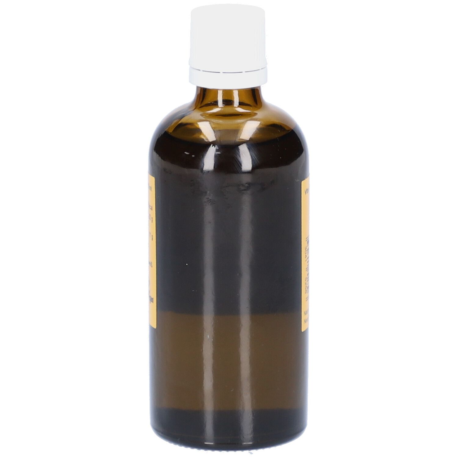 Braune Glasflasche mit weißem Deckel. Die Flasche ist von hinten zu sehen.
