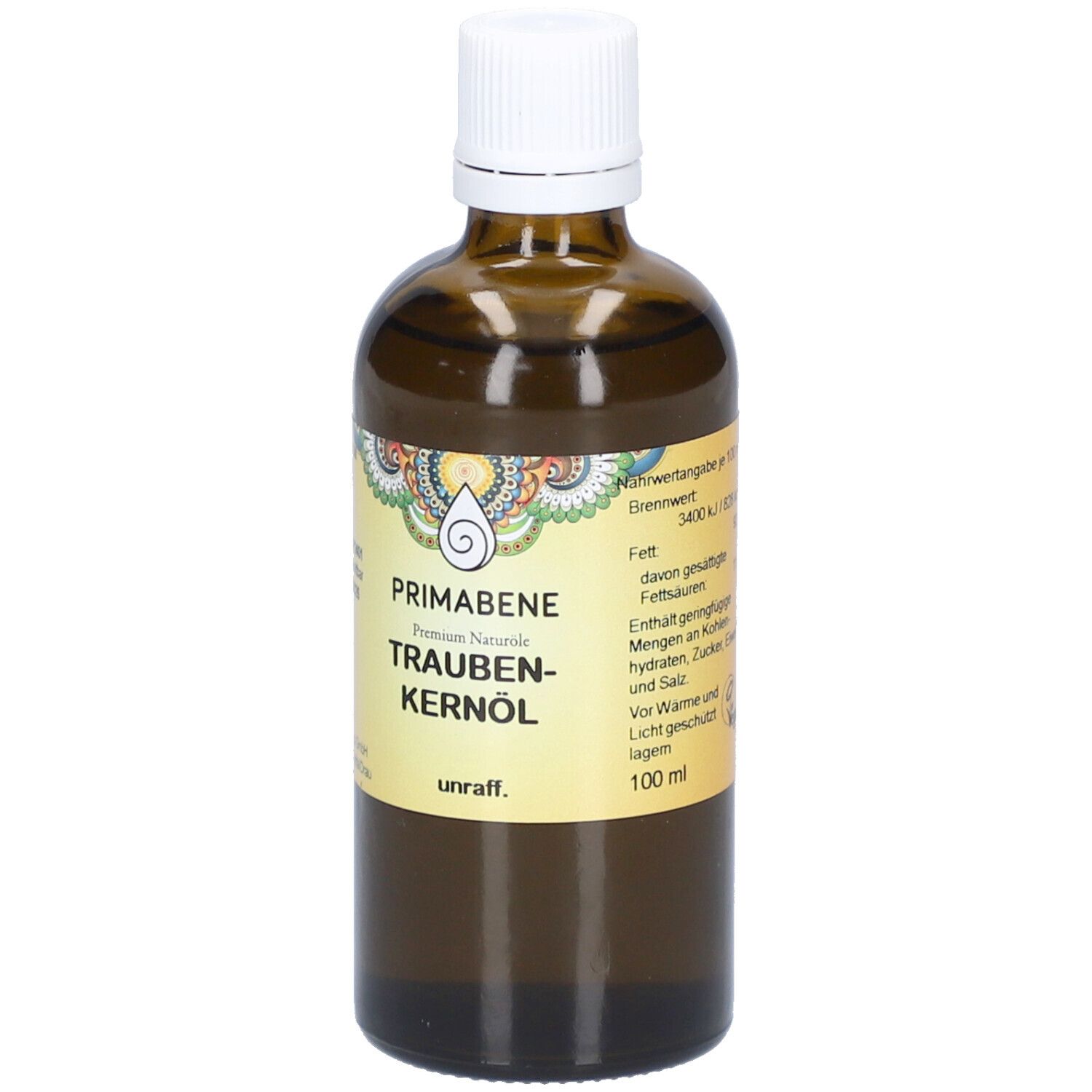 Braune Glasflasche mit weißem Deckel. Auf dem Etikett stehen Nährwertangaben und "100 ml".