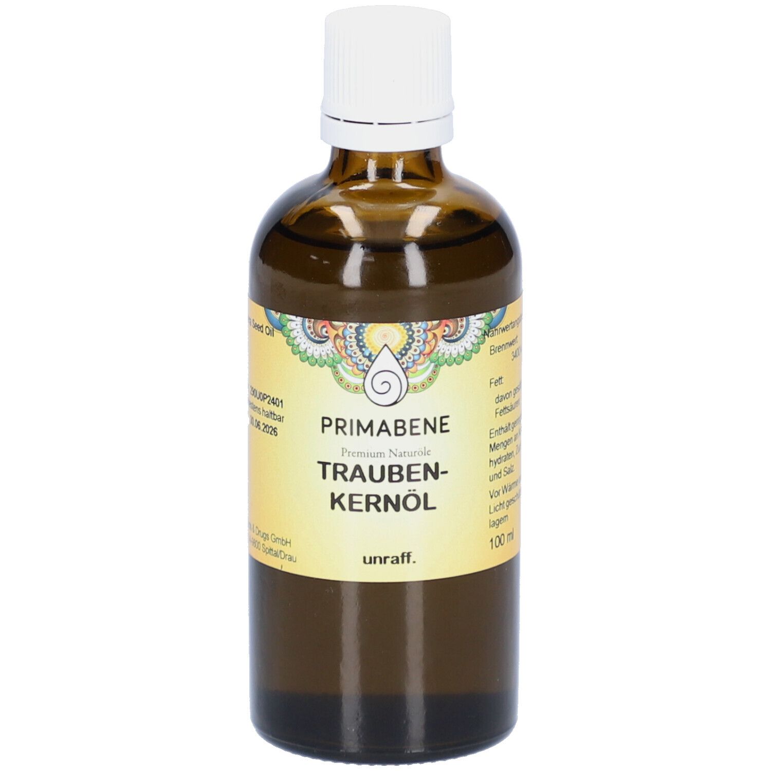 Braune Glasflasche mit weißem Deckel. Auf dem Etikett steht "PRIMABENE TRAUBENKERNÖL".