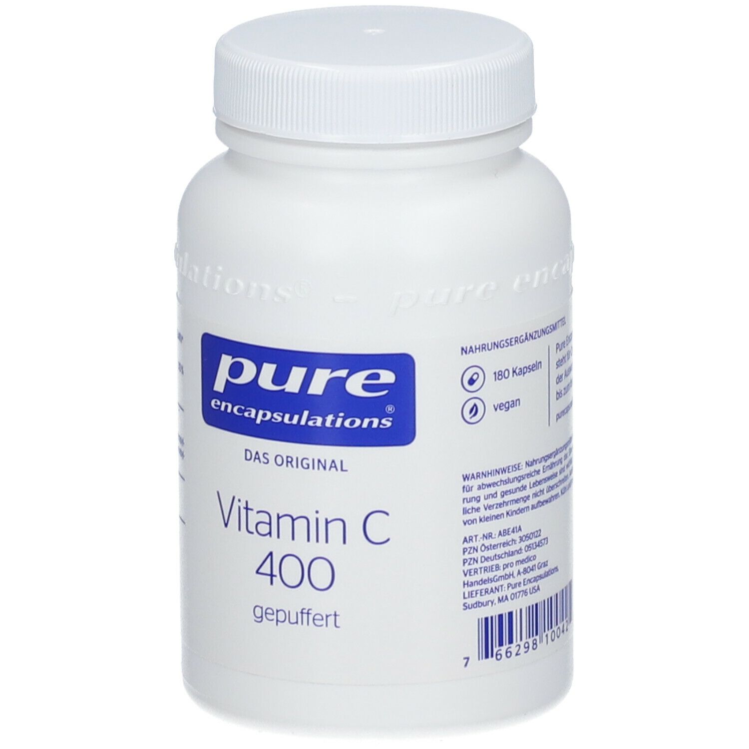 Weiße Flasche mit blauem Etikett. Aufschrift: pure encapsulations®, Vitamin C 400 gepuffert. 180 Kapseln.