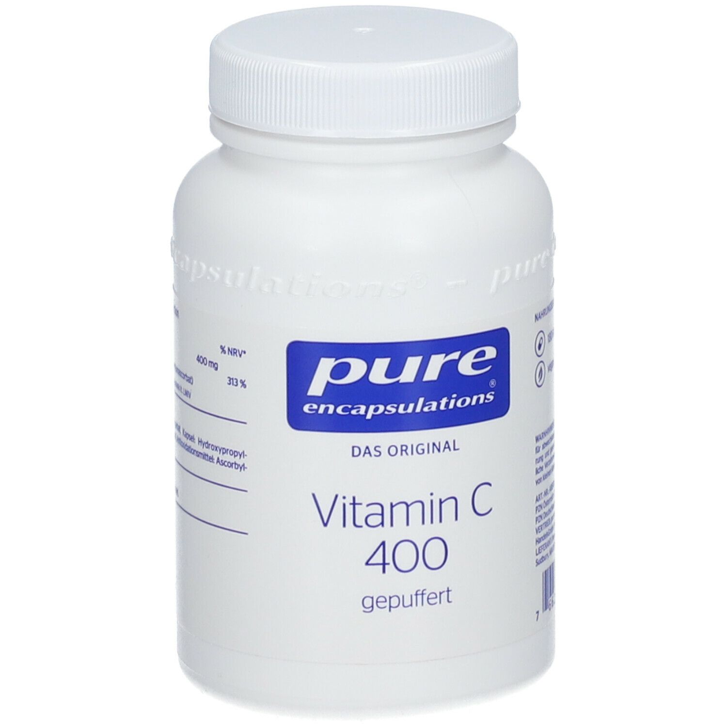Weiße Flasche mit blauem Etikett. Aufschrift: pure encapsulations®, Vitamin C 400 gepuffert.
