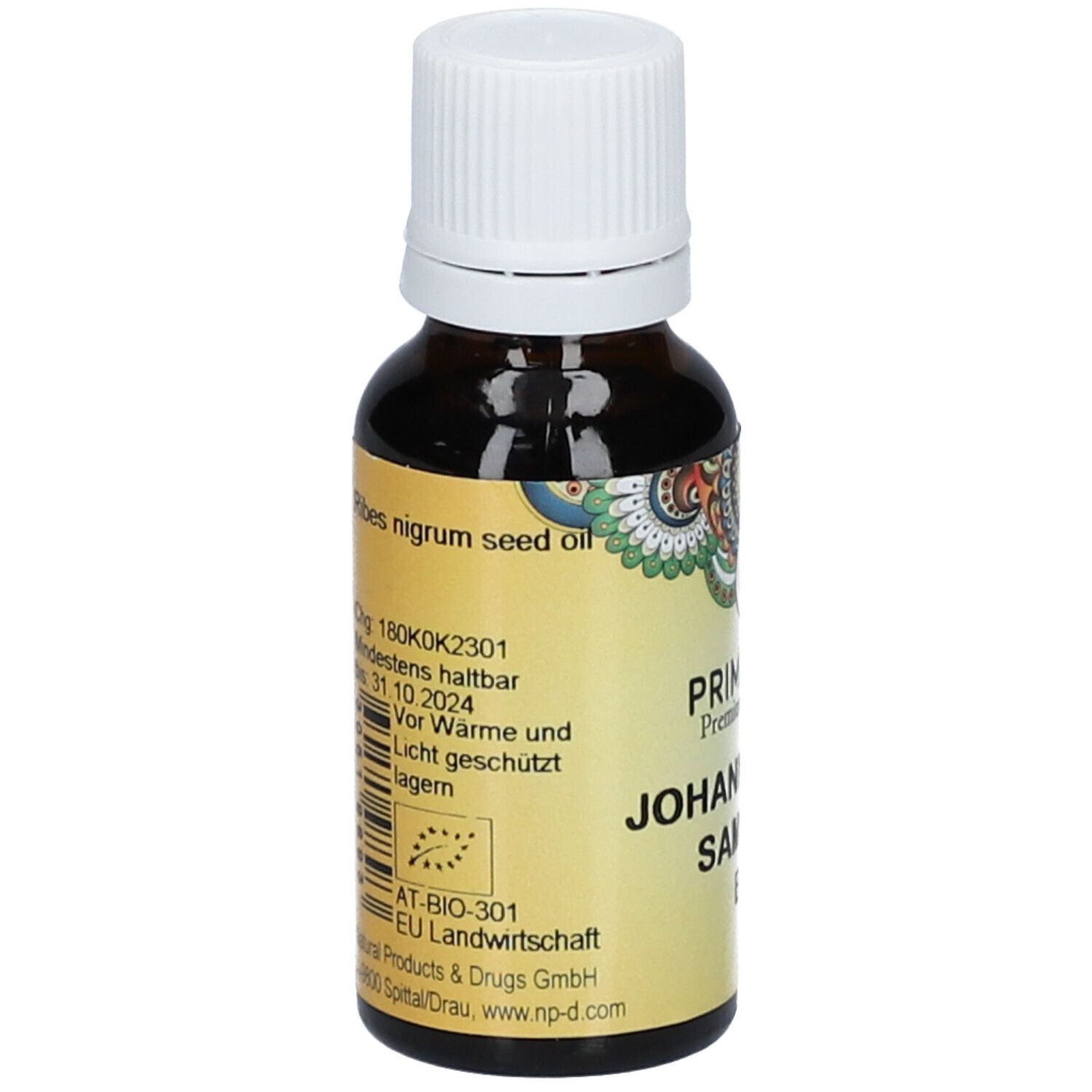 Braune Glasflasche mit weißem Deckel. Etikett mit Produktinformationen und Bio-Siegel.