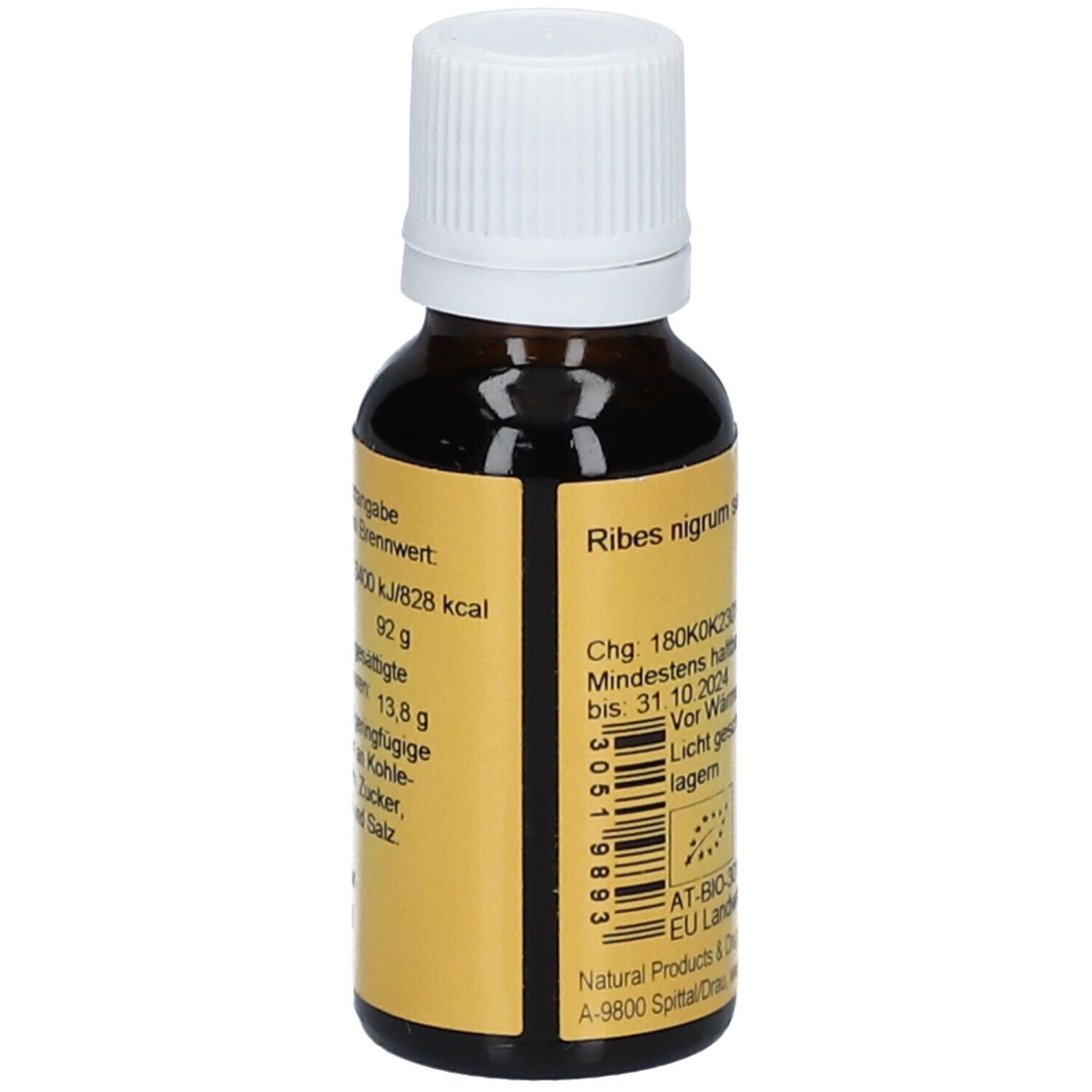 Braune Glasflasche mit weißem Deckel. Etikett mit Nährwertangaben und Bio-Siegel.