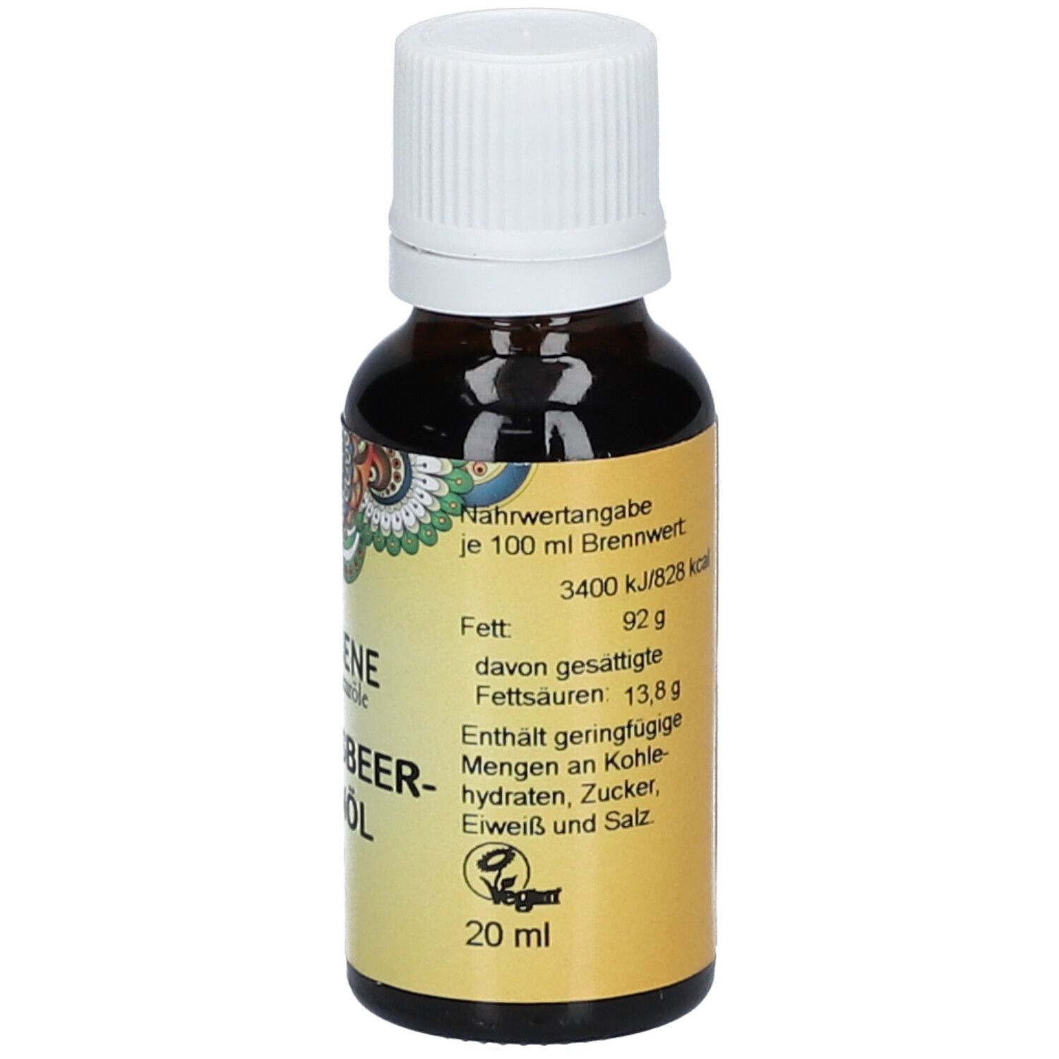 Braune Glasflasche mit weißem Deckel. Etikett mit Nährwertangaben und Volumenangabe.