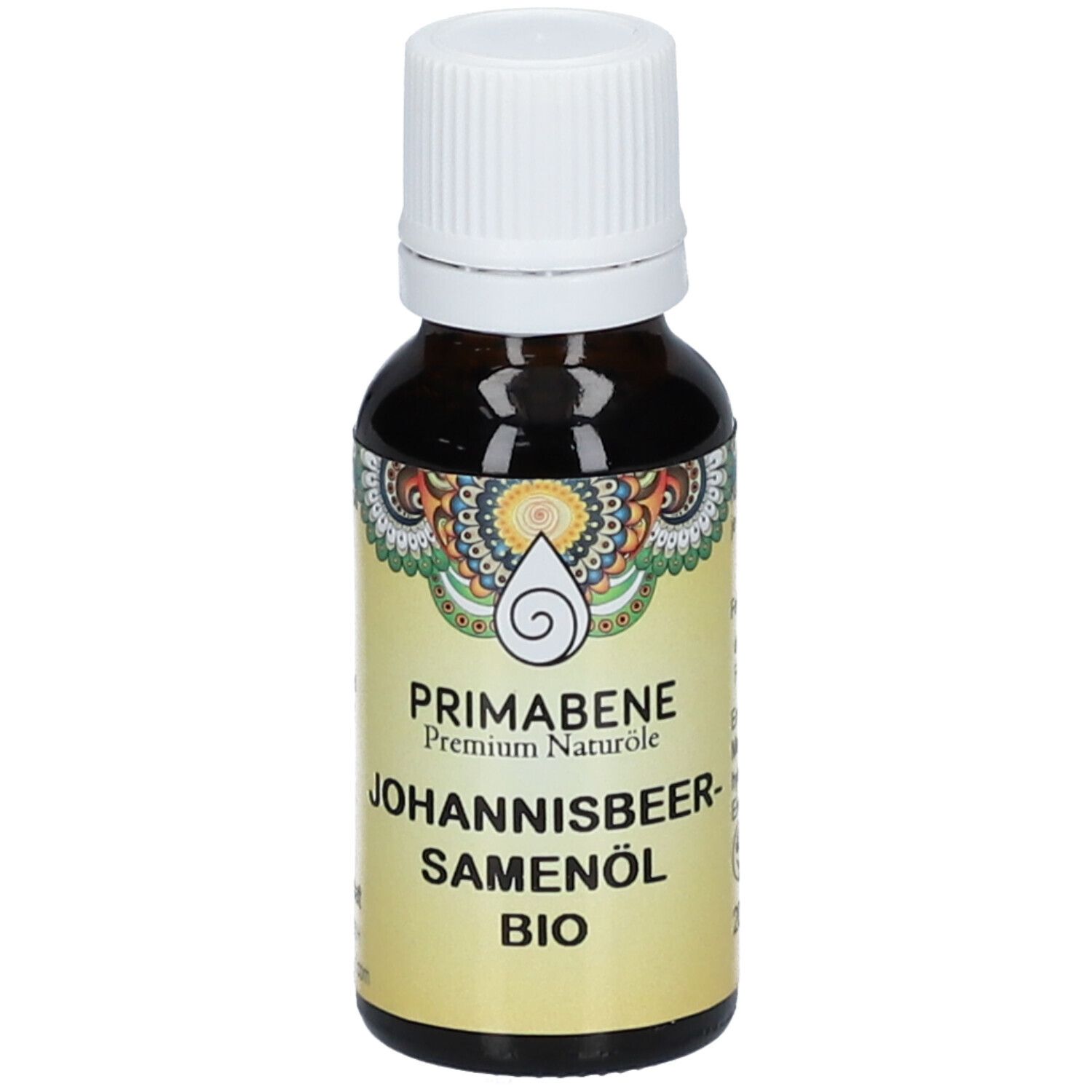 Braune Glasflasche mit weißem Deckel. Etikett mit Produktnamen und Logo.