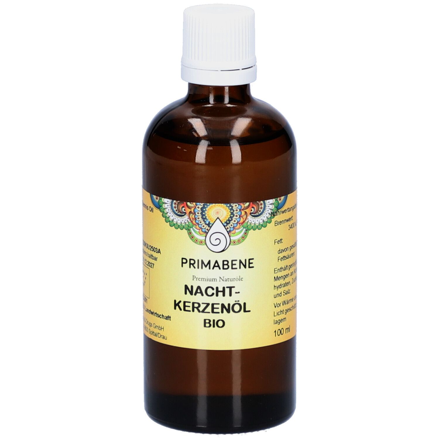 Braune Glasflasche mit weißem Deckel. Aufkleber mit Produktinformationen: PRIMABENE Nachtkerzenöl BIO.